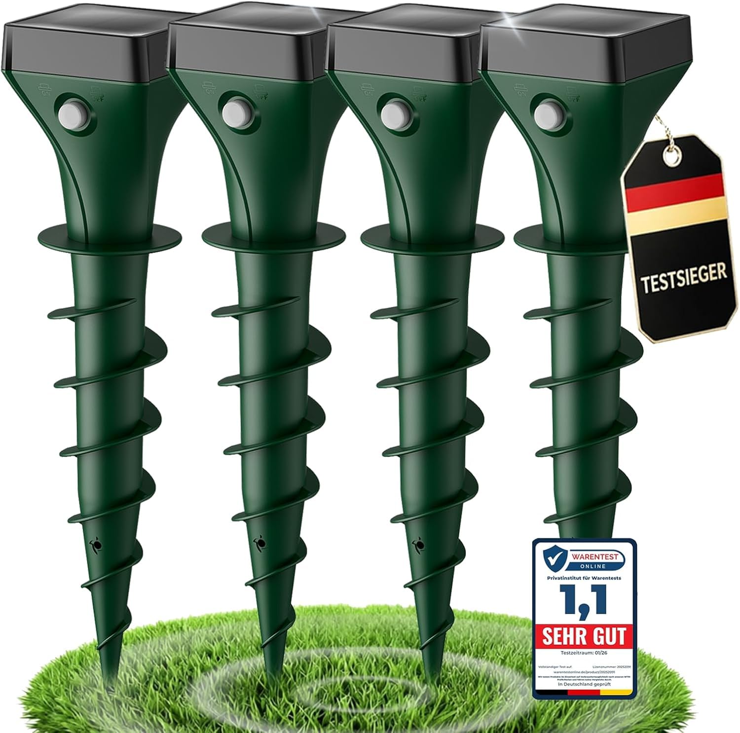 Maulwurf Vertreiber 4er Pack, Solar Maulwurfschreck mit Ultraschall & KI-Wechselfrequenz, Effektive Wühlmausabwehr gegen Maulwürfe und Wühlmäuse, IP65 Wasserdicht 100 Stück Kabelbinder, Schwarz