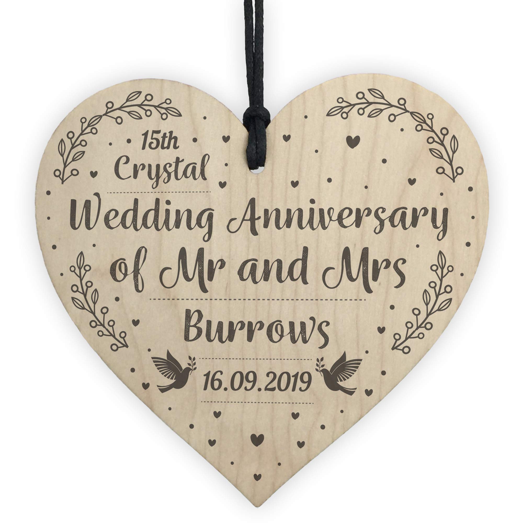 Red Ocean 15th Crystal Wedding Anniversary Personalised Wood Heart Mr & Mrs Keepsake Sign