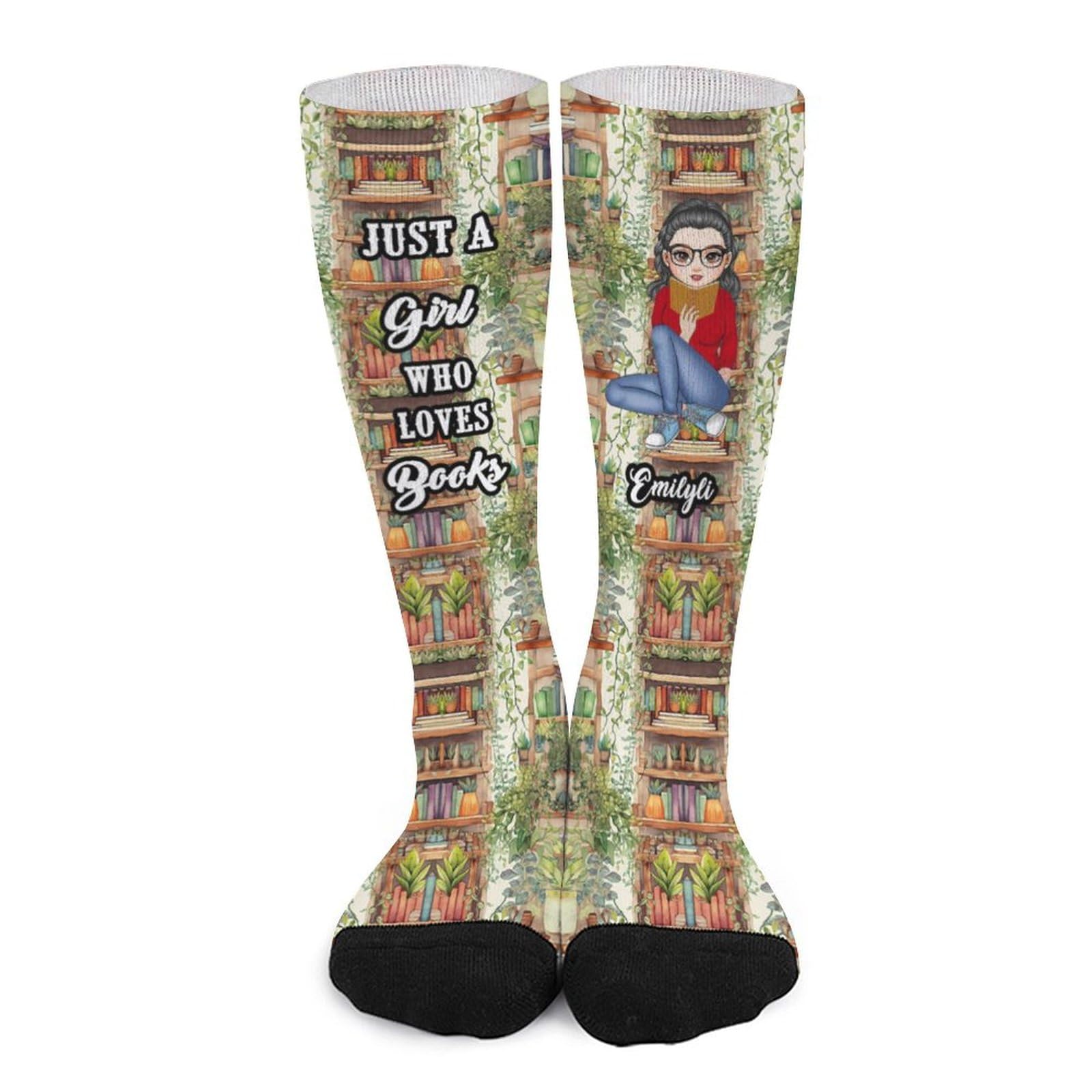 KKIIOEXX Just a Girl Who Loves Books Socks,Personalized Reading Book Crew Socks,Custom Crew Sock With Name Portrait Text,Christmas Gifts for Book Lovers Women Readers Bookworms Librarians