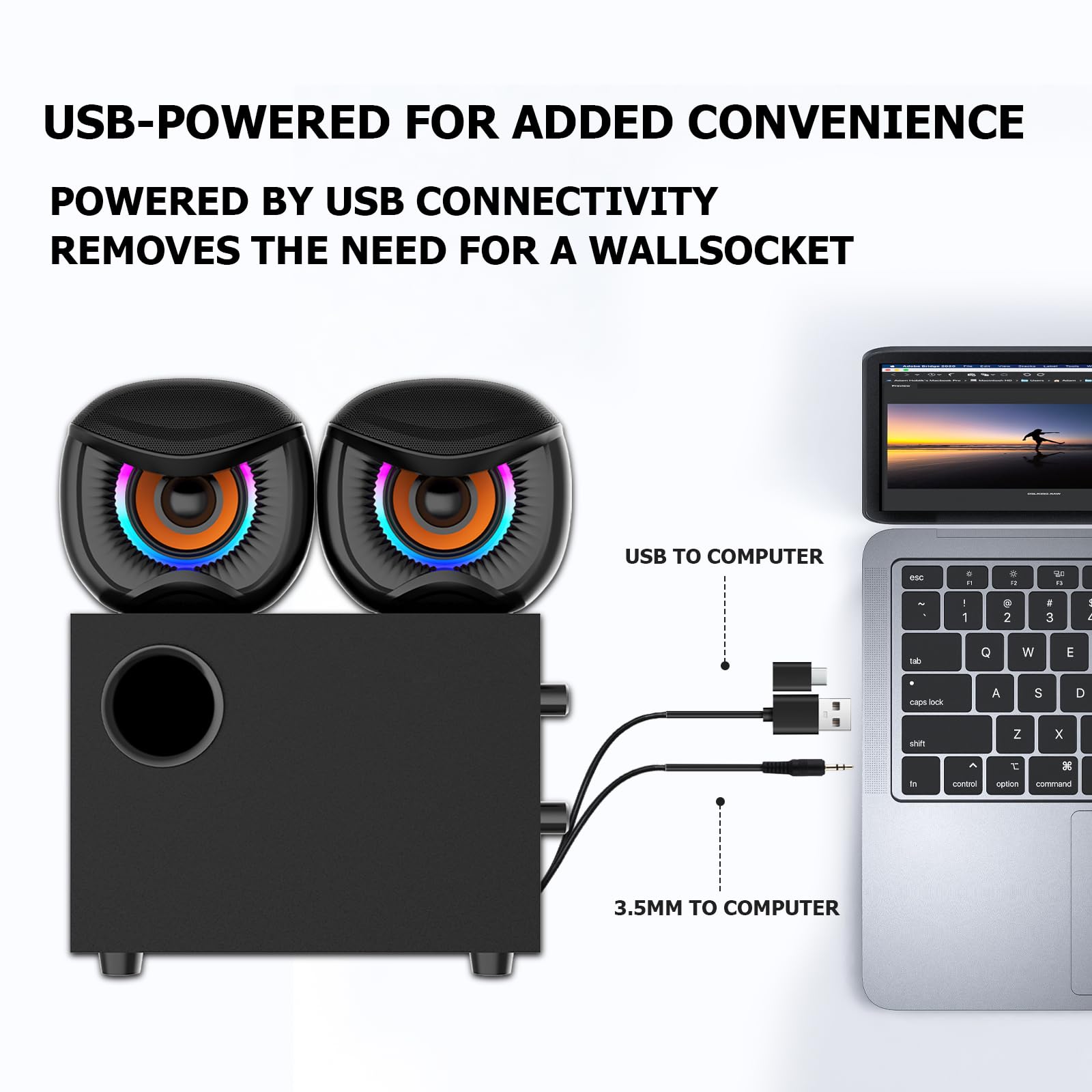 Altoparlanti per computer 2.1, sistema stereo da gioco con subwoofer RGB, altoparlanti ausiliari da 3,5 mm alimentati via USB cablati per PC, laptop, tablet, telefoni - nero