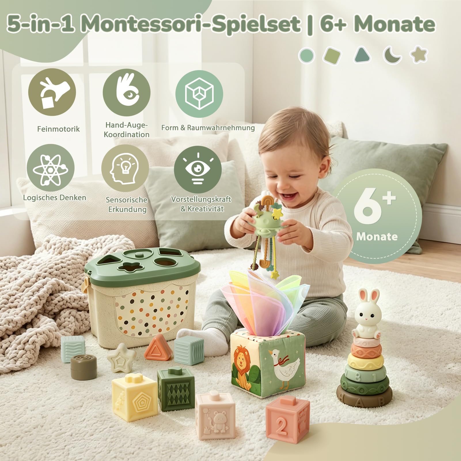 Montessori Spielzeug Baby ab 6 Monate, 5 in 1 Baby Spielzeug ab 7 8 9 Monate mit Bauklötze, Stapelringe, Tissue Box Toys, Lernspielzeug Geschenk für 6-12 Monate