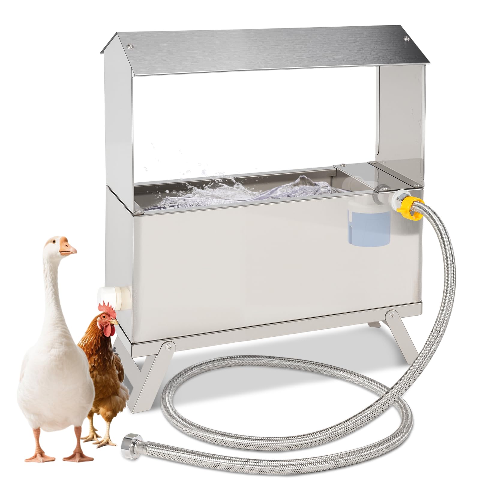 Bebedero automático para pollos de acero inoxidable 9L, dispensador automático de agua para pollos, pato, ganso, pavo, paloma, codorniz, con válvula de flotador y manguera de agua de 150 cm