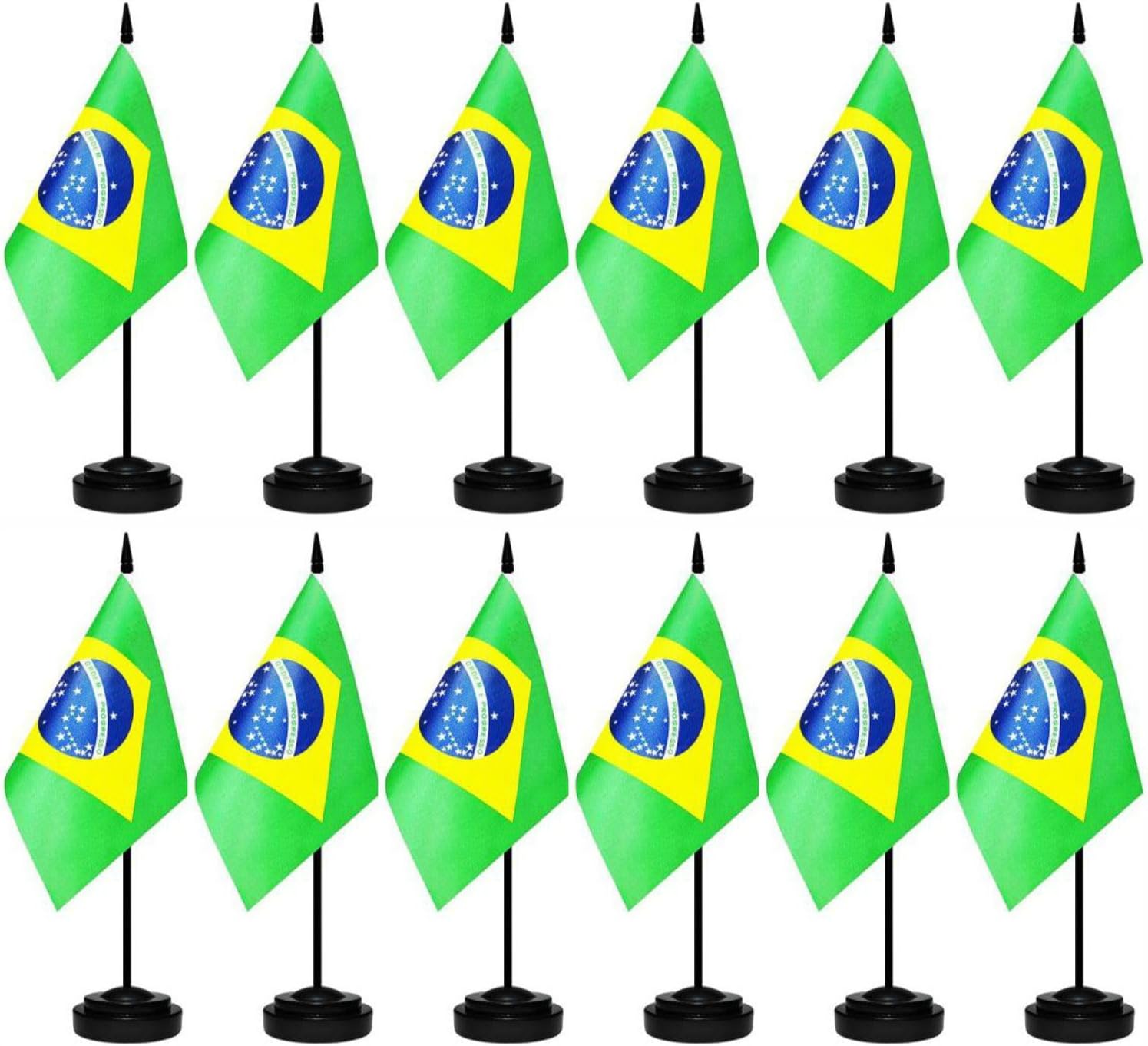 12 Pcs Brazil Desk Flags Set, Brazilian Small Mini Table Office Mini Desktop Flag With Black Flagpole and Black Base For Home Office Decoration,13×8Inches