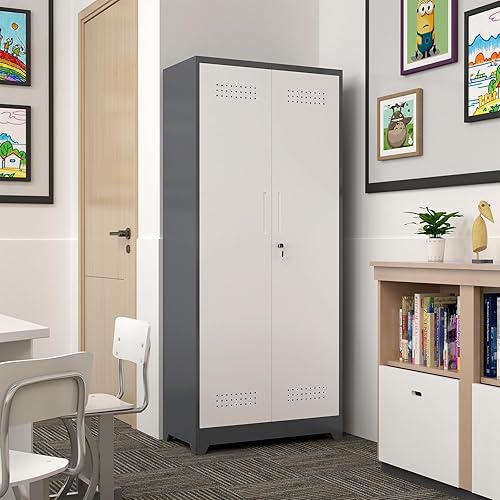 Miniatura 6 de GREATMEET Armarios de almacenamiento de metal de 72.8 pulgadas de alto, armario de almacenamiento de escoba con cerradura con puertas y estantes,