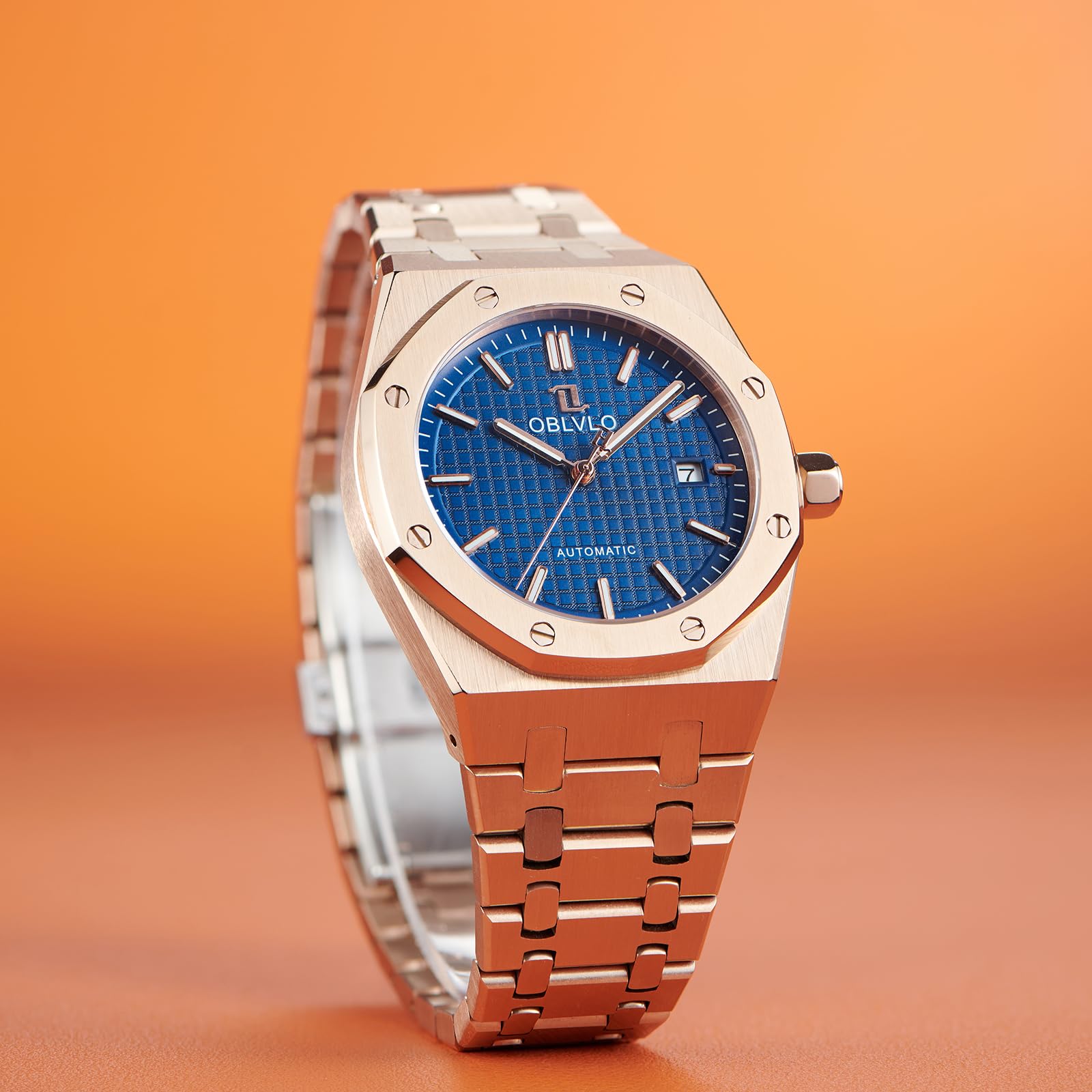 OBLVLO Orologio meccanico da uomo, in acciaio inox 316L, cassa da 41 mm, lancette luminose, impermeabile fino a 50 m, orologio da polso automatico casual TM-ASP