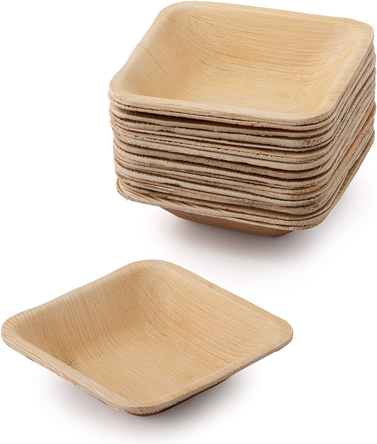 SAMP DEAL Disposable Palm Leaf Like Bamboo Round Mini Dipping Bowl | All Natural and Biodegradable | Charcuterie Boards, BBQs, and Parties | 4 INCH Square Flat Bowl Pack of 50 Bowls