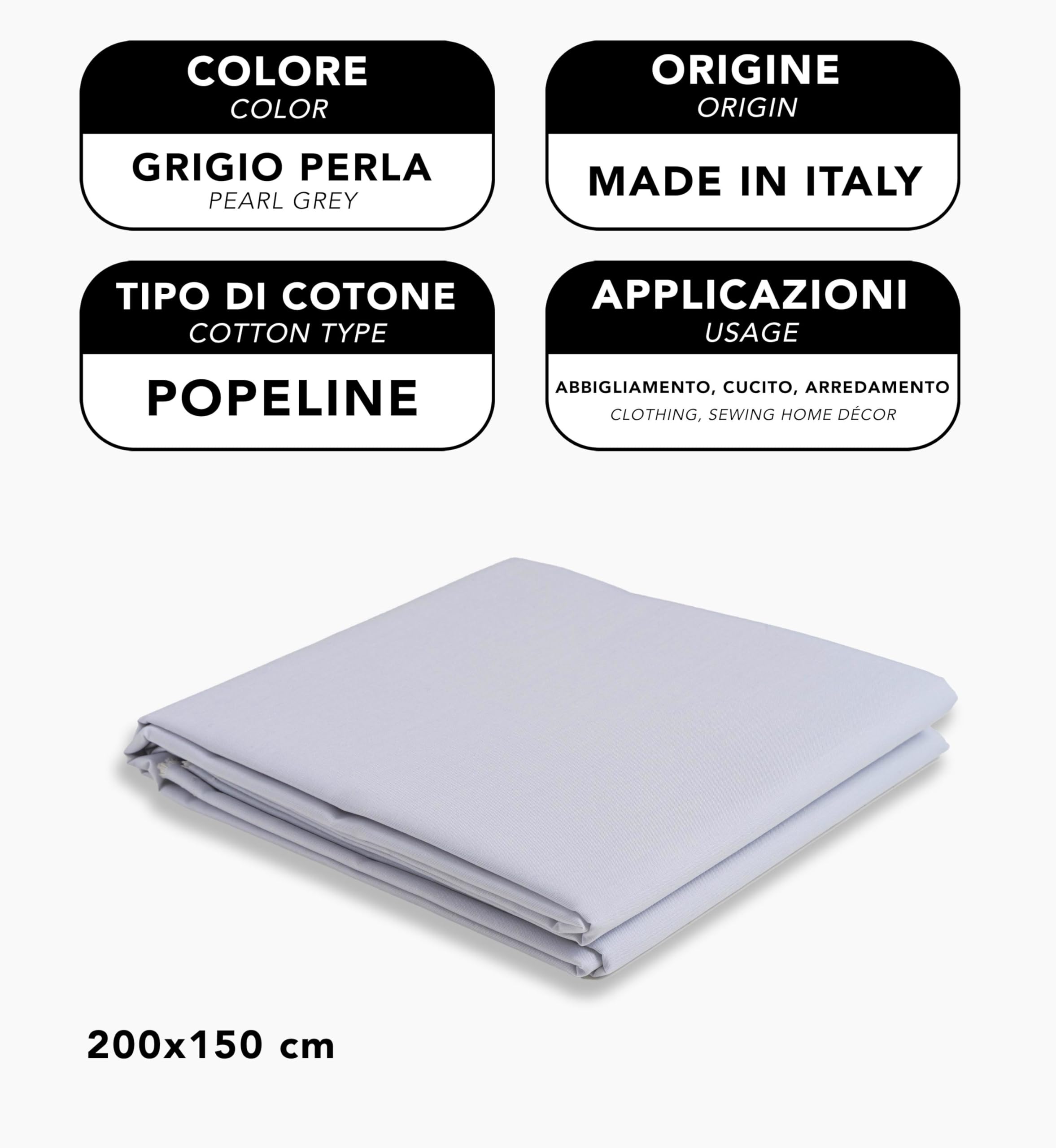 IPEA Popeline szara perła bawełniana tkanina - 200 cm x 150 cm - Made in Italy - tkanina metrowa do szycia, odzieży, pokrowców, dekoracji, akcesoriów, patchworku, jednobarwnego materiału do szycia
