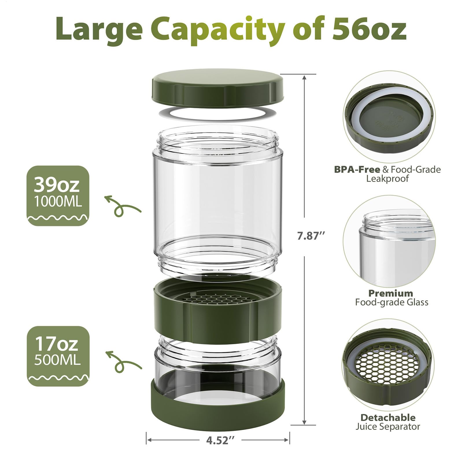 Bocaux d'insertion, stockage anti-fuite pour concombres marinés, bocal en verre réversible hermétique avec large bouche pour miel yaourt fermentation séparation humide