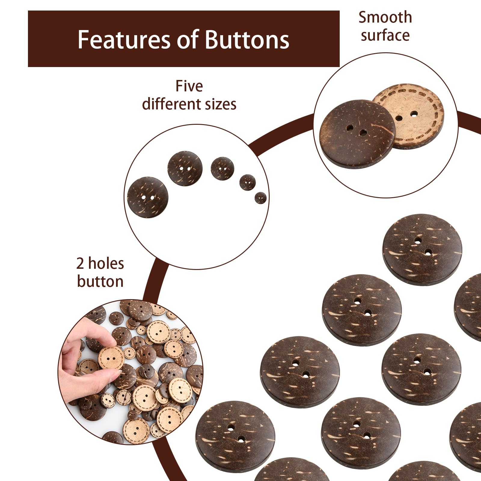 100 Bottoni In Guscio Di Cocco Naturali - 5 Misure Con 2 Fori Per Cucito E DIY - Foto 12