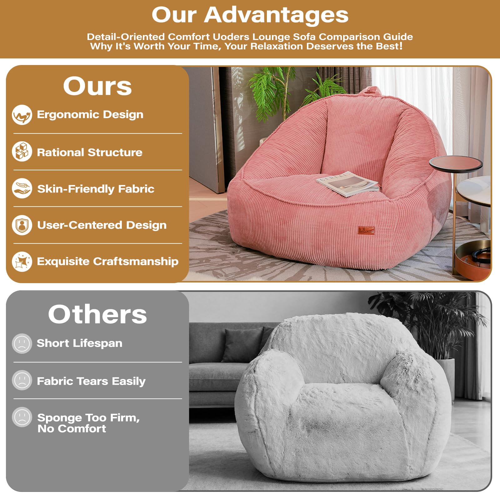 Sitzsack mit Memory-Foam-Füllung, Großer Cord Sitzsack für Erwachsene & Kinder, Bequemer Boneless Bean Bag mit Tragegriff für Wohnzimmer, Schlafzimmer, Gamingzimmer, Büro & Balkon(Rosa-M)