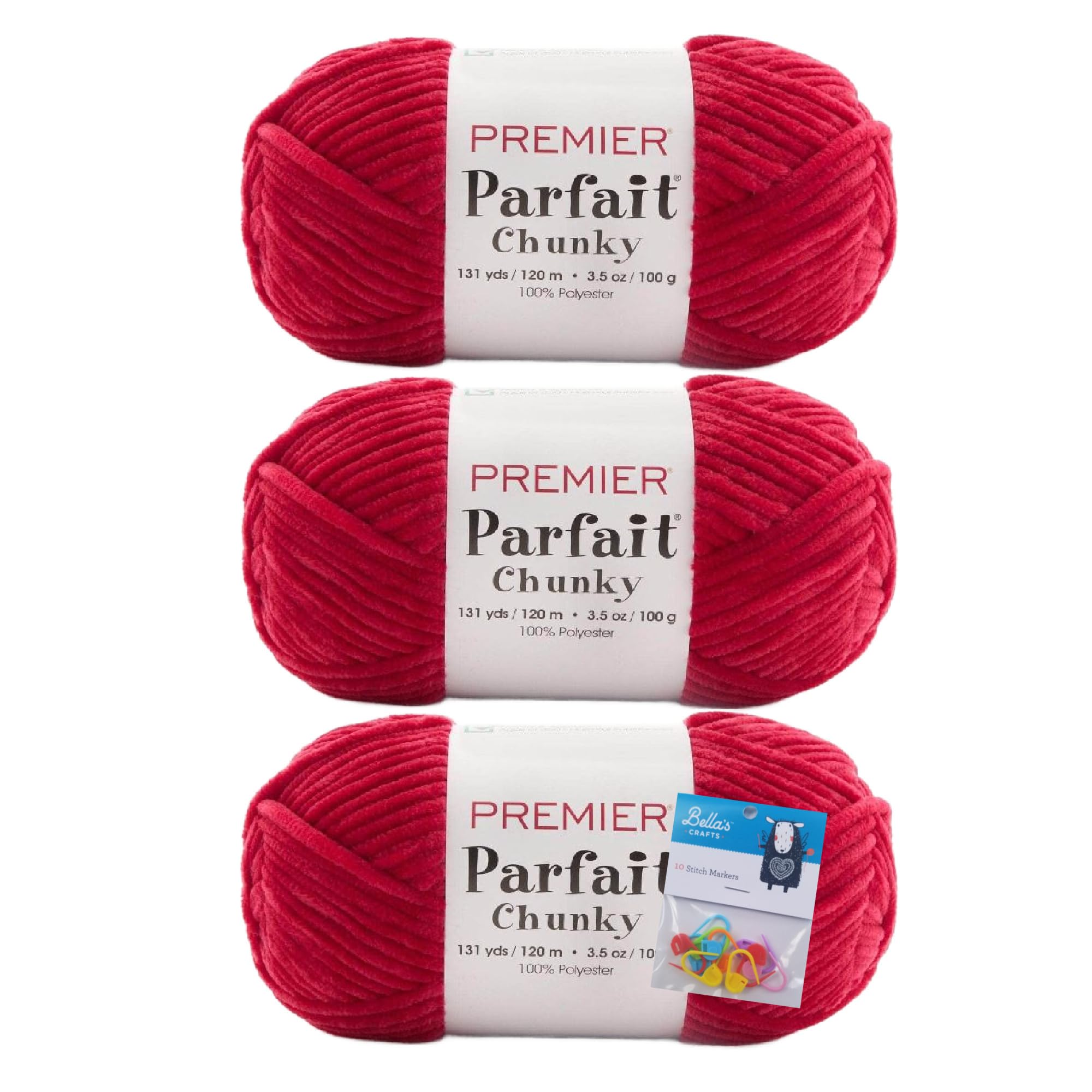 Premier Yarns Parfait Chunky Chenille Yarn 3.5 Oz 6 Super Bulky Weight 3 Pack Bundle with Bella's Crafts Stitch Markers (Candy Apple) — image 1