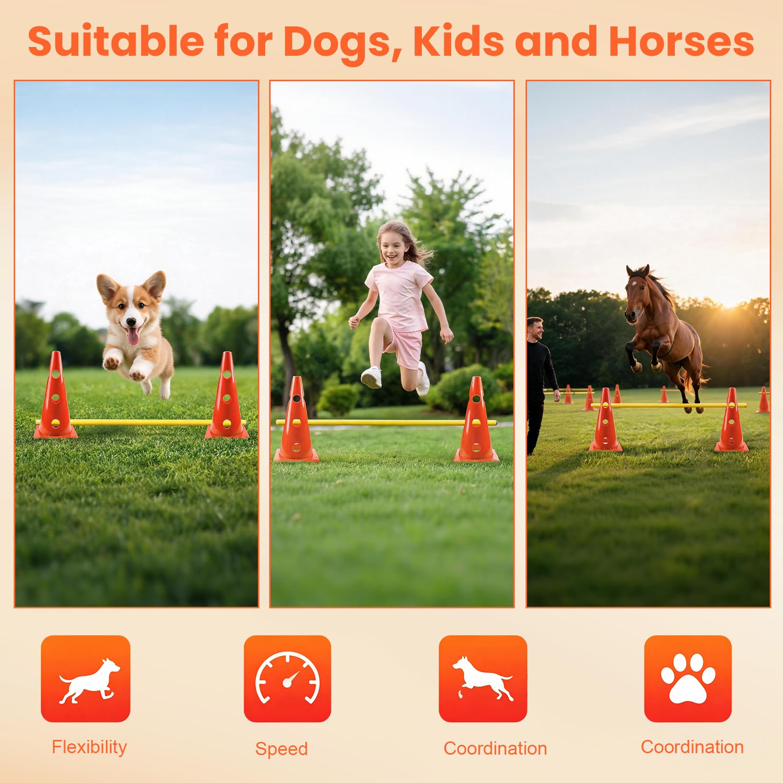Set Agility per cani e bambini, set di ostacoli sportivi con 8 coni (23 cm) + 4 aste (80 cm), allenamento di coordinazione per cani, bambini, sport di squadra e calcio