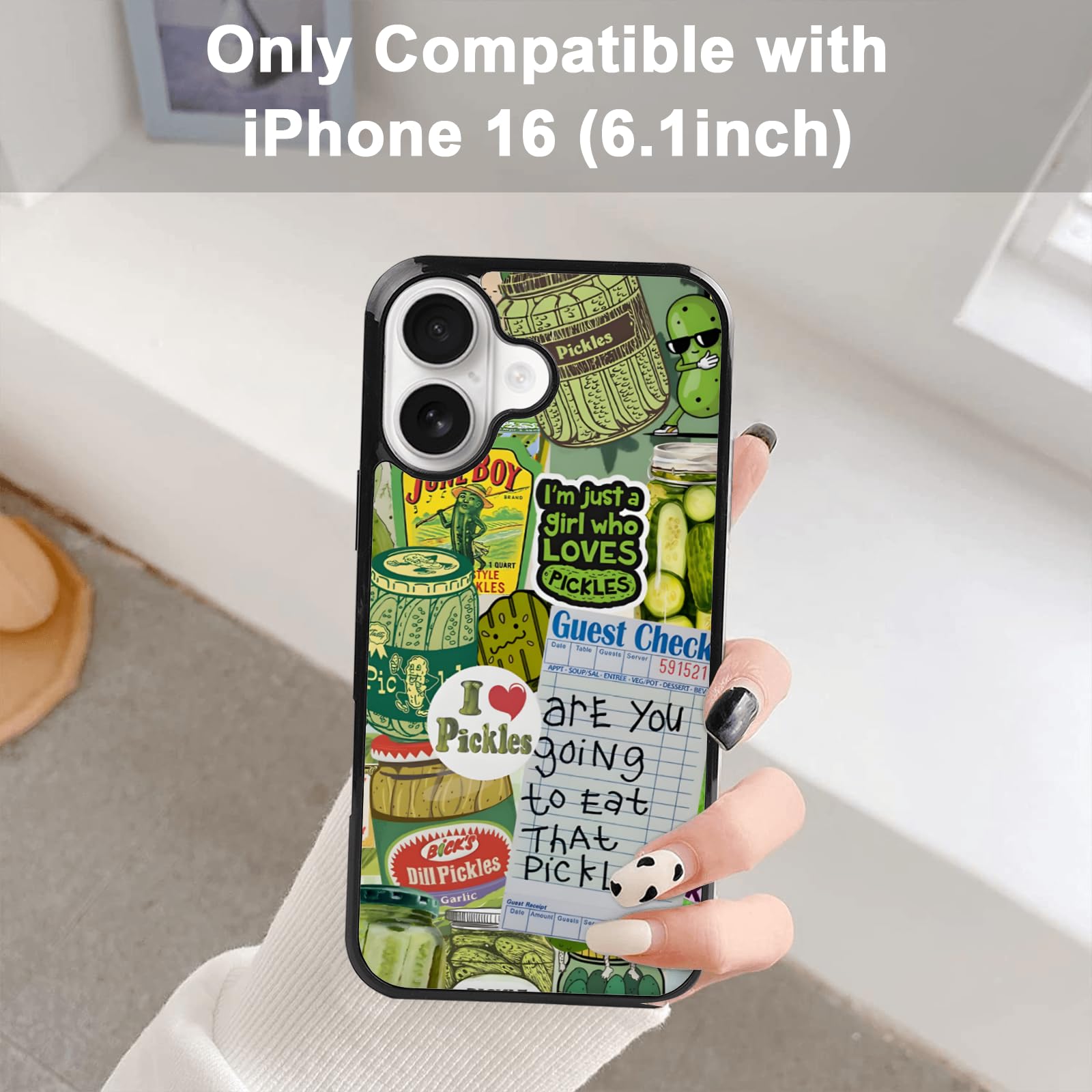 Trendy Pickle Collage Aesthetic Phone Case Compatible with iPhone 16 6.1 Inch - Shockproof Protective Cute Cartoon Print Case, Preppy Green Cucumber Phone Case Designed for Women Men Girls