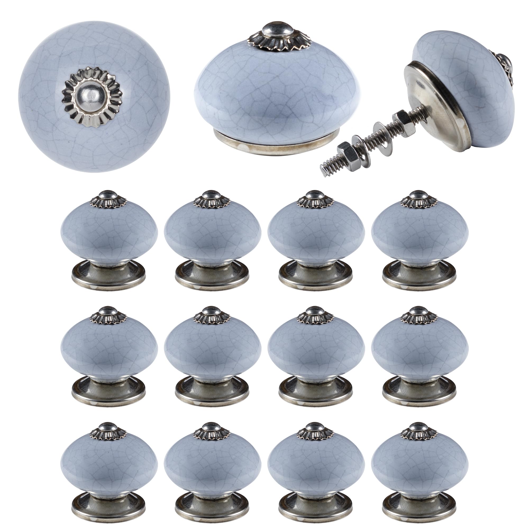 ETHNICITI Pack of 12 Round Grey Crackle 40mm Ceramic Door Knobs Vintage Shabby Chic, Wardrobe Cabinet Cupboard Drawer Interior Furniture Pulls Handles Bedroom Dresser Lounge Kitchen