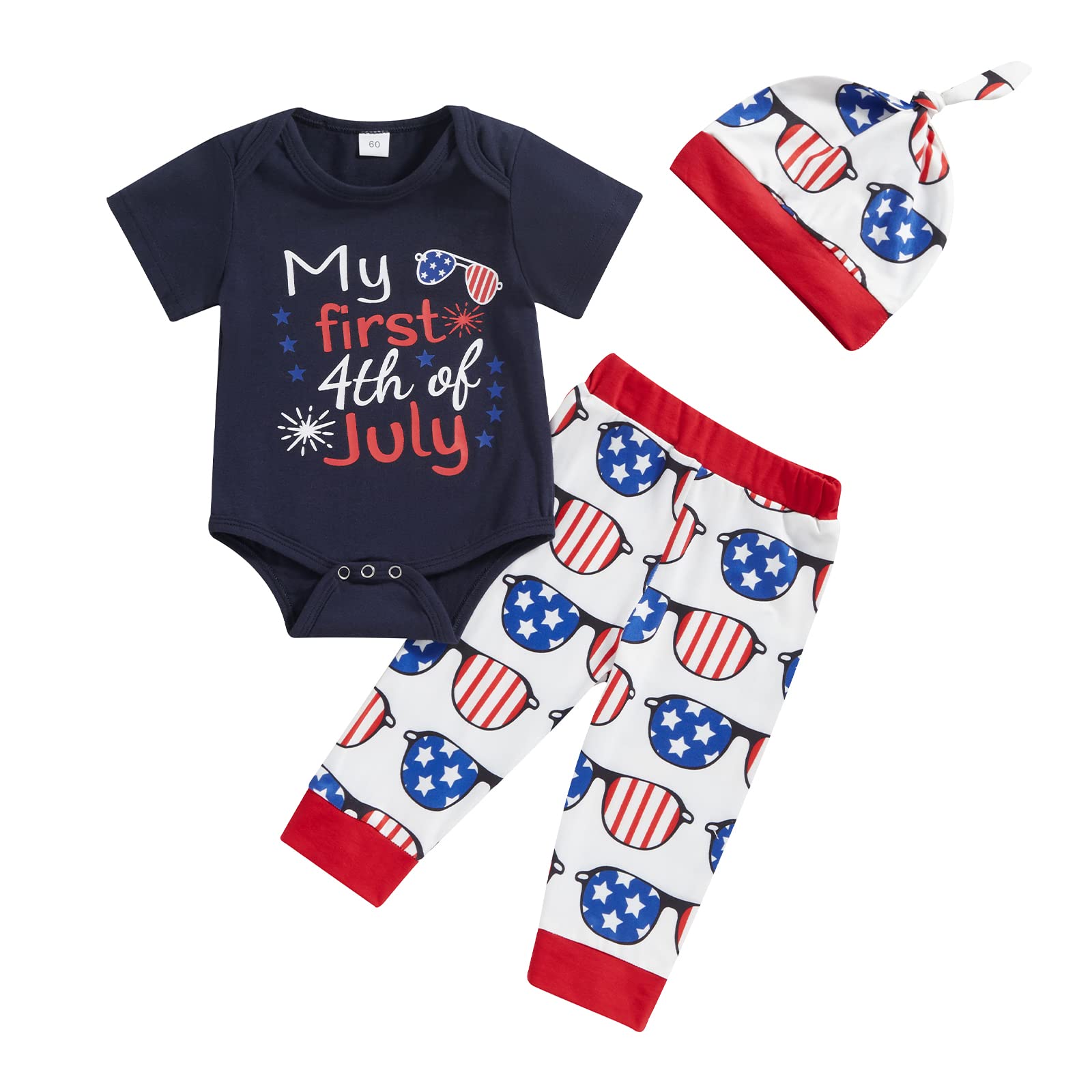 0-18 Months Newborn Baby Boys First 4th of July Clothes Letters Print Romper Tops Pants Sets Infant Summer Outfits (Navy Blue, 3-6 Months)