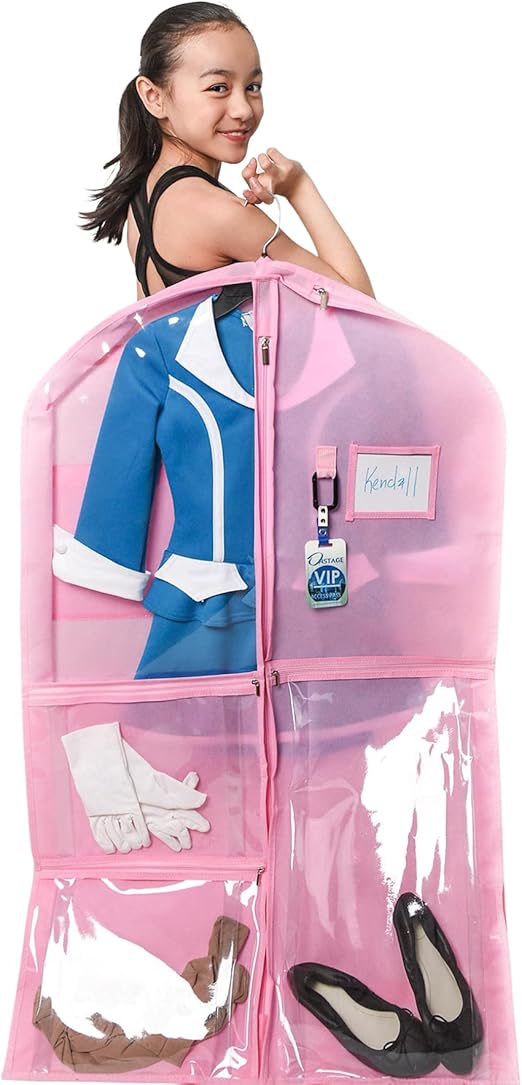 review Waterproof Hanging Garment Bag 40 inch Clothes Bag with Gusset, 5 Pockets & Side Zip for Dance Costumes, Sports, Skating, Theatre, Beauty Pageants, Cheer & More by Kendall Country, Cotton Candy Pink