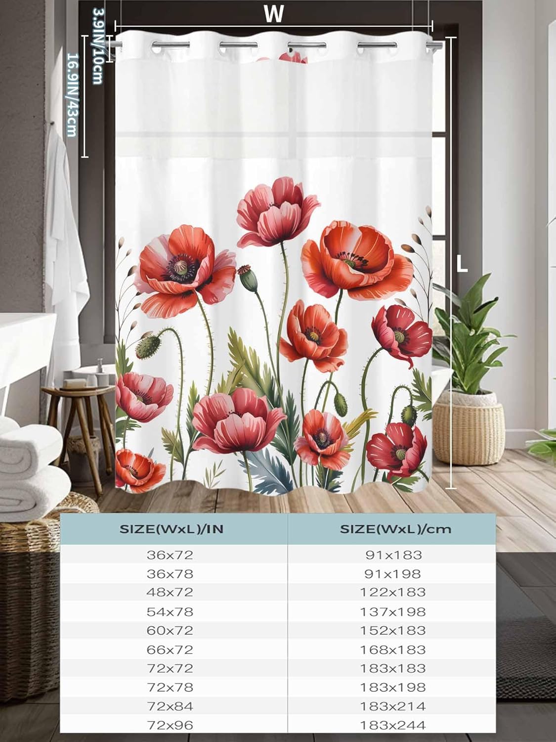 No Hook Shower Curtain, Red Flowers Small Shower Curtains with Snap in Liner, Watercolor Botanical Floral Herbs Leaves Waterproof Washable Fabric Bathroom Curtain Sets, 36" x 78"