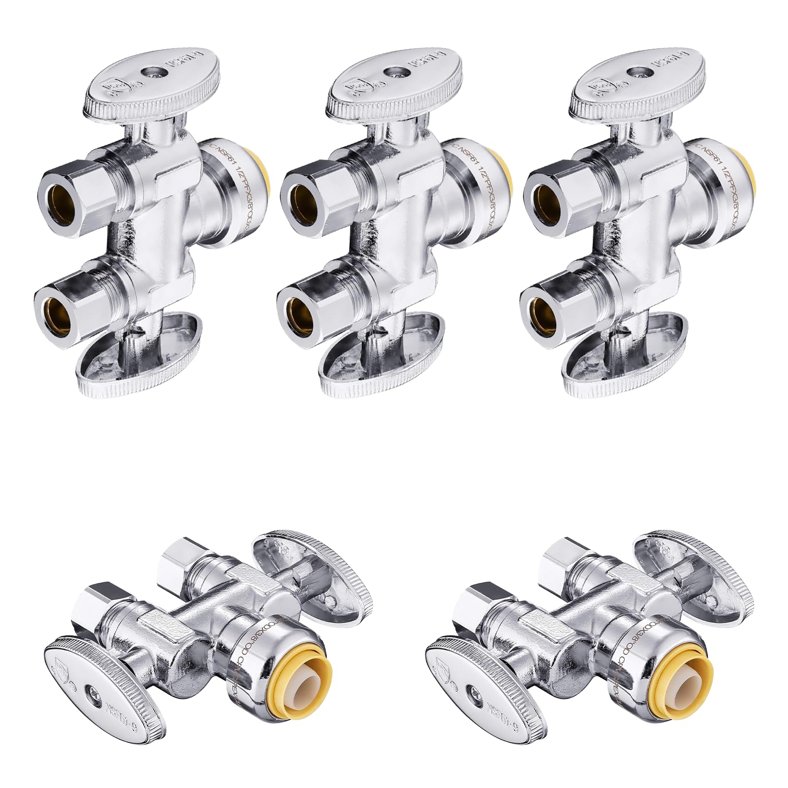 5-pak Foskan podwójny wylot wciskany prosty zawór odcinający, prosty zawór odcinający 1/4, 1,3 cm Push Fit x 1 cm OD x 1 cm śr. średnicy, chromowany mosiądz