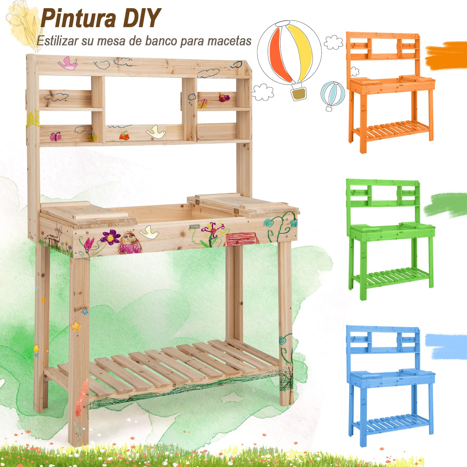 COSTWAY Mesa de Plantación de Madera para Macetas, Mesa de Jardín para Macetas con Estantes, Tablero Abrible, Ganchos, Mesa de Trabajo de Madera para Exteriores, Carga de 150 kg (110x50x153cm)