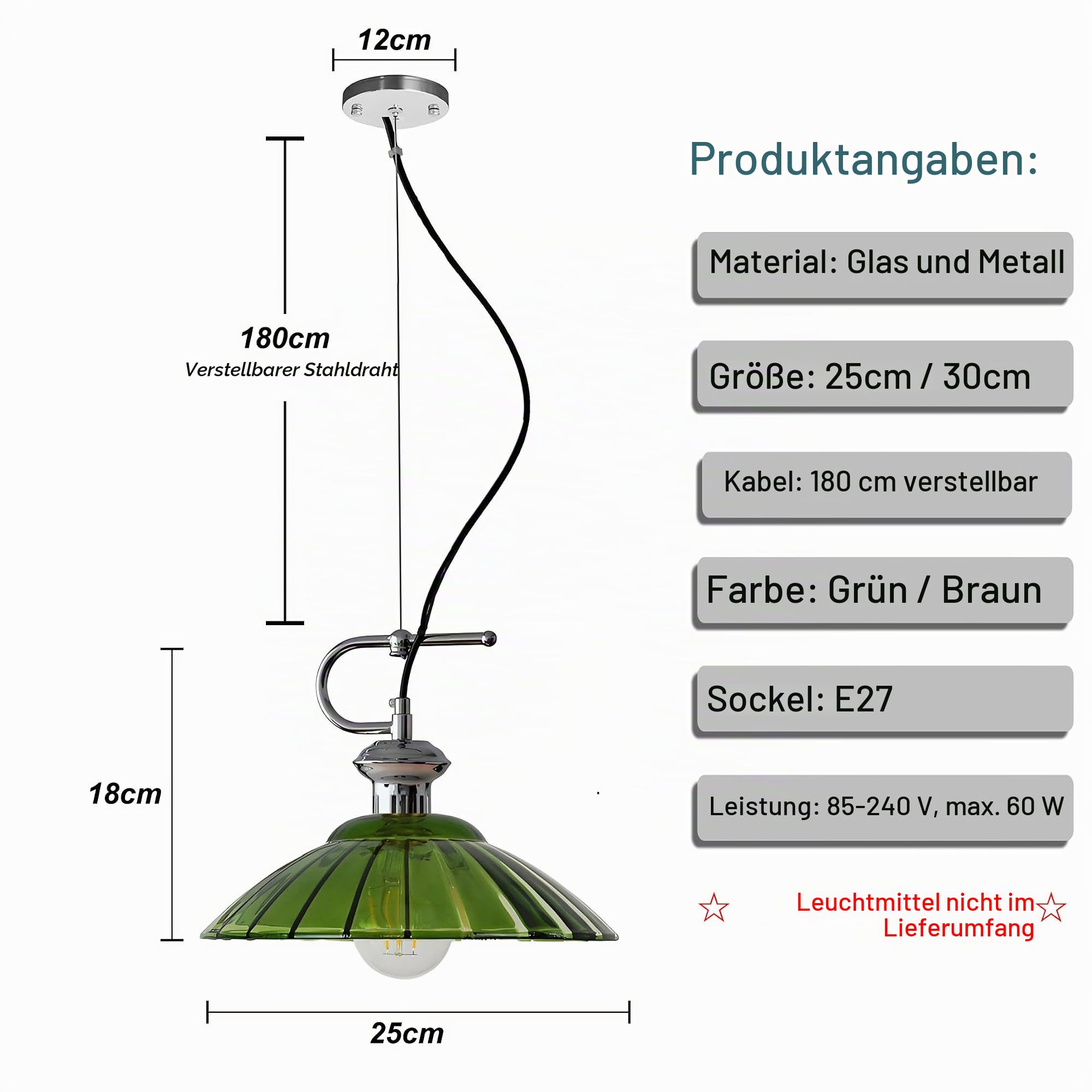 Industrielle Glas Pendelleuchte mit Chrom-Akzenten & 180cm verstellbares Hängekabel, E27 Vintage Hängelampe für Küche Esszimmer Schlafzimmer (Grün, 25cm)