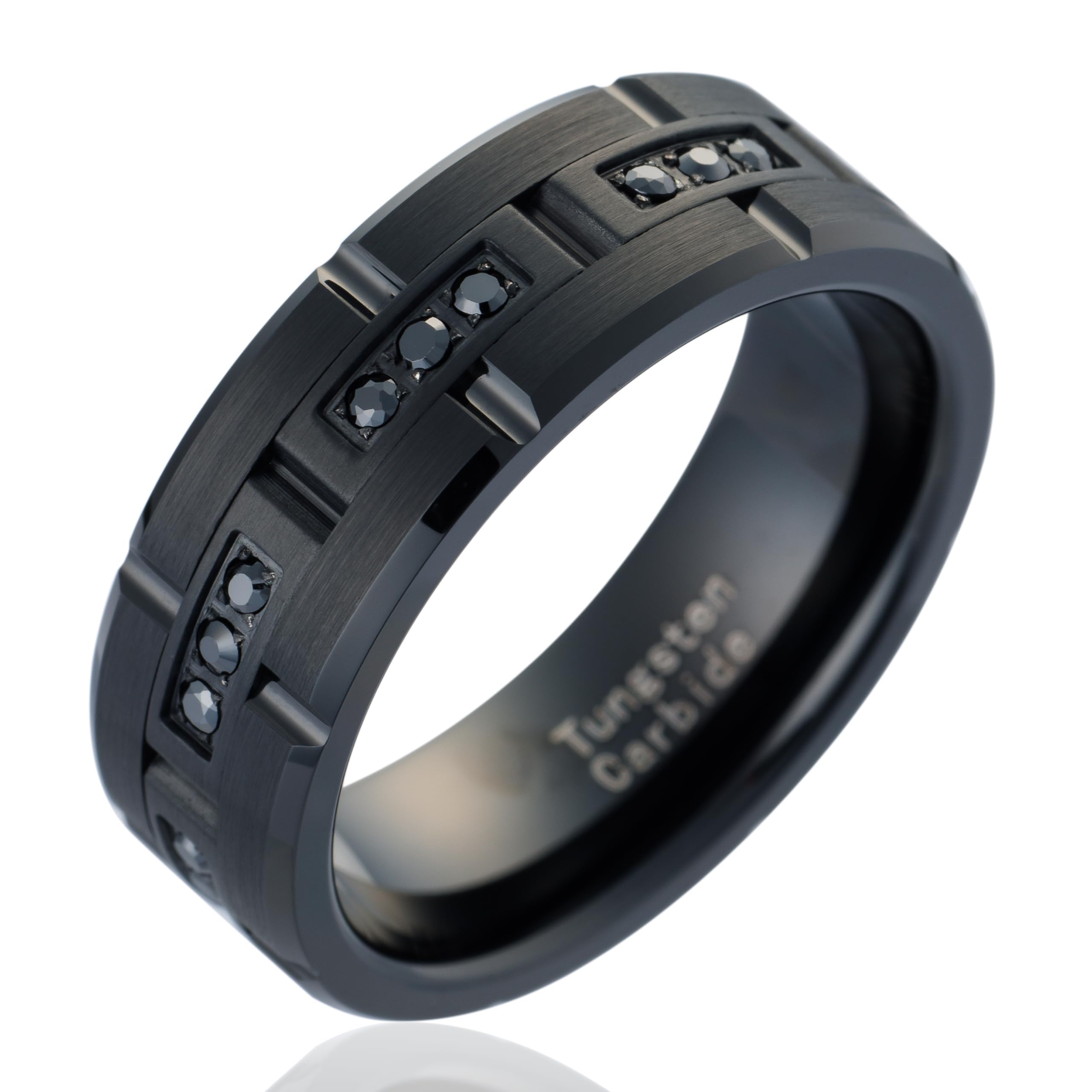 100S JEWELRY Black Tungsten Rings For Men Wedding Band Black CZ Moissanite Inlay Rectangular Shapes Matte Finish Size 6-16