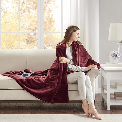 Beautyrest Reversible Microlight to Sherpa Electric Blanket, Auto Shut Off, Virtually Zero EMF, Multi Heat Setting, UL Certified, Machine Washable, Red Oversized Throw (60 inx70 in)