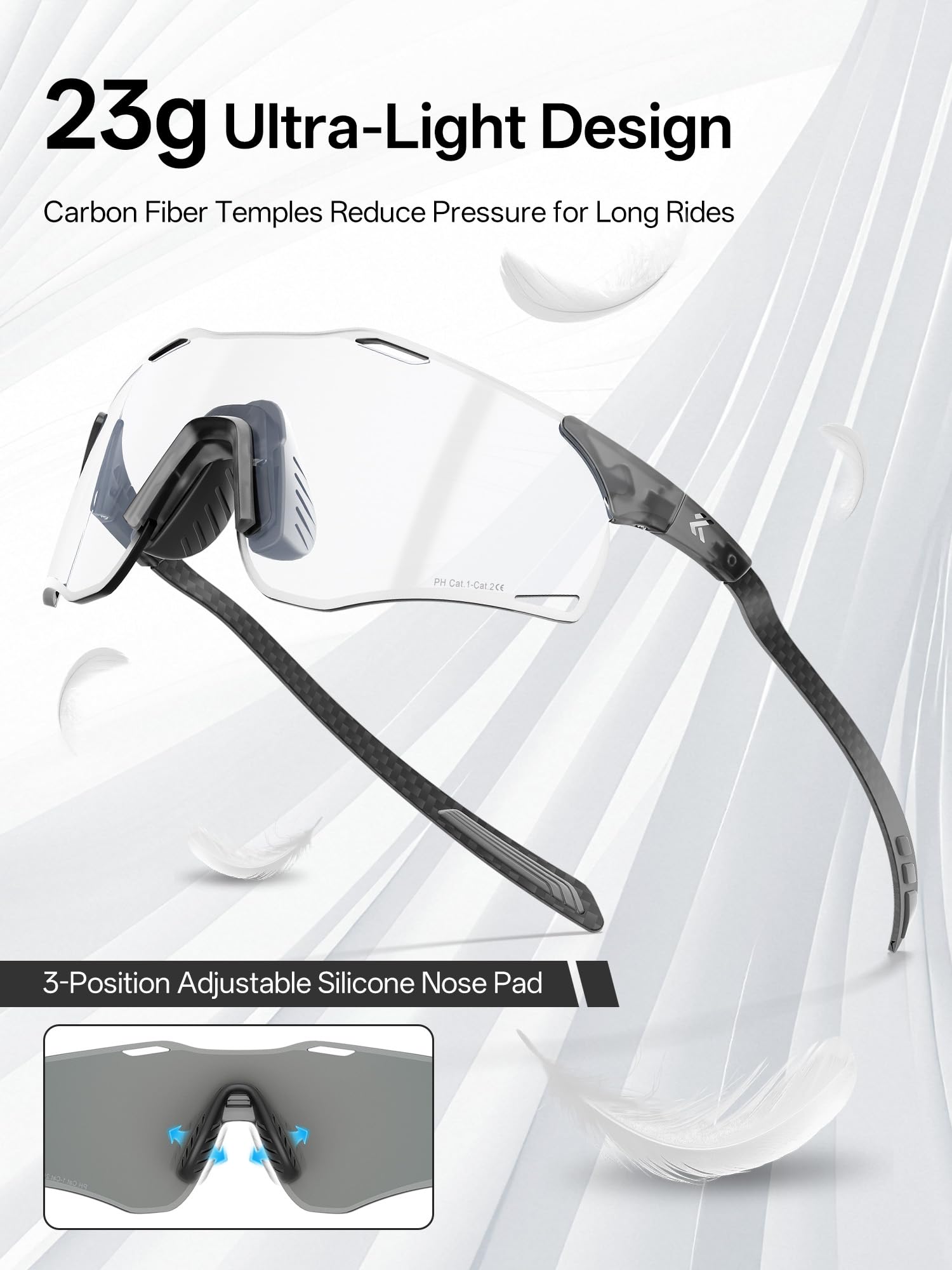 KAPVOE K454I Lunettes de Cyclisme Photochromiques UV400 Branches Carbone | Pour homme et femme, branches légères en fibre de carbone, idéales pour le running, VTT, baseball et pickleball