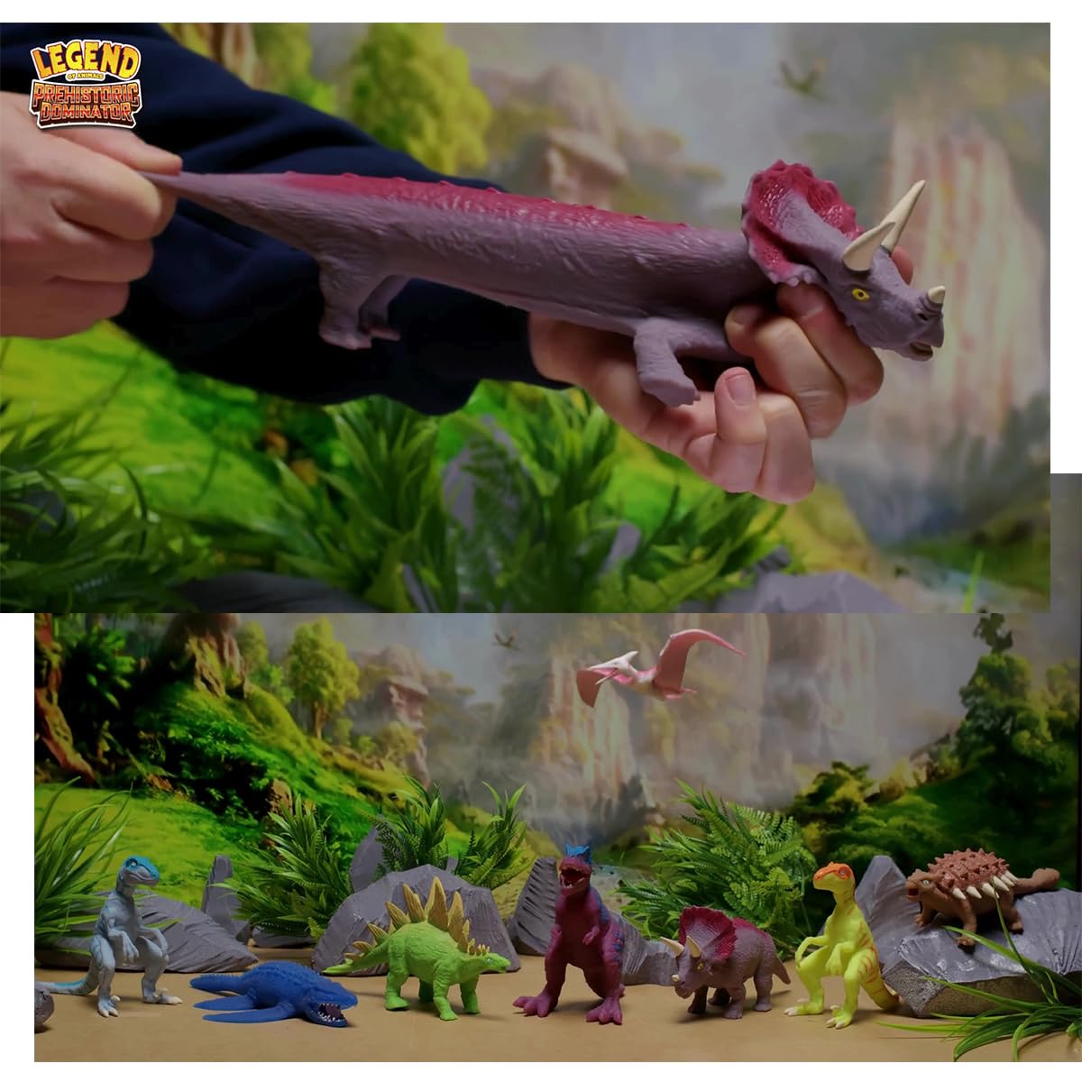 Sbabam Funny Box - Dominateurs Préhistoriques : Lot De 3 Dinosaures Extensibles Avec Effets Spéciaux (T-Rex, Tricératops Et Plus) - Jouet Kiosque Pour Enfants Dès 3 Ans - Lumineux Et Hydrochromique