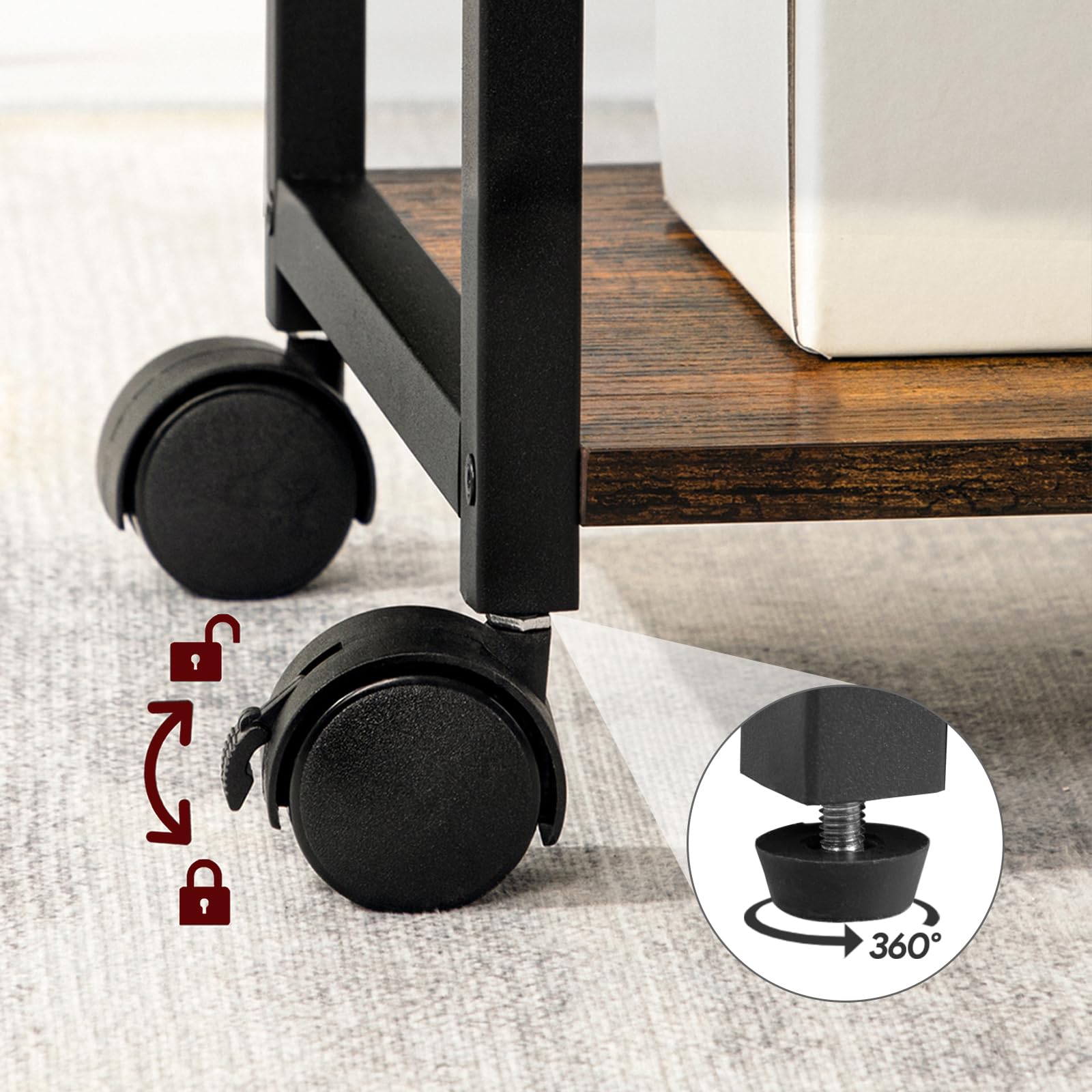 MAHANCRIS Chariot d’Imprimante de Style Industriel, Support d’Imprimante Roulant à 3 Niveaux, Étagère à roulettes avec 2 Prises et 2 Ports USB, pour Bureau, Salon, Marron Rustique et Noir APTHR40UE01