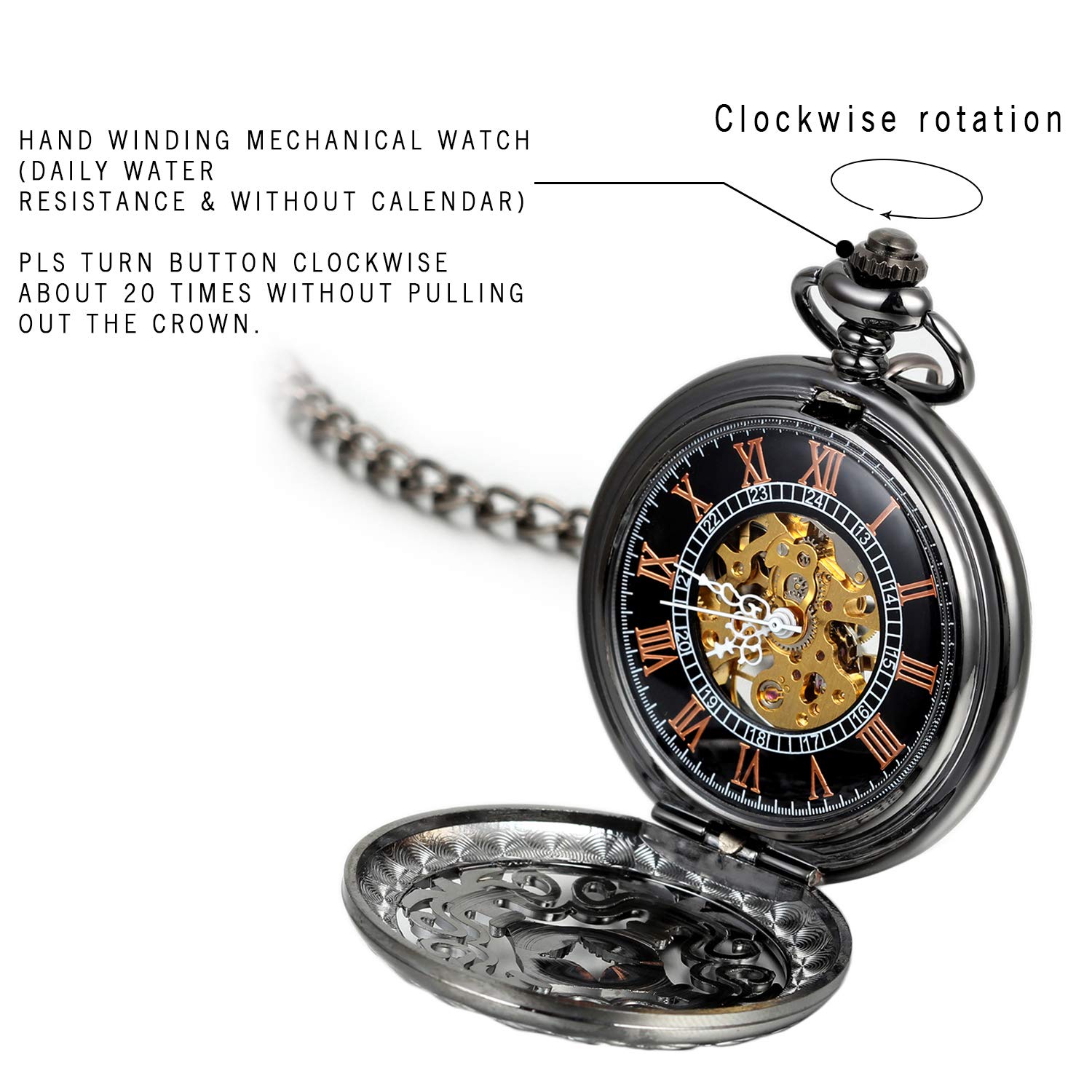 JewelryWe Hunter-case Pocket Fob Watch Mechanical Black Dial Celtic Knot Hollow