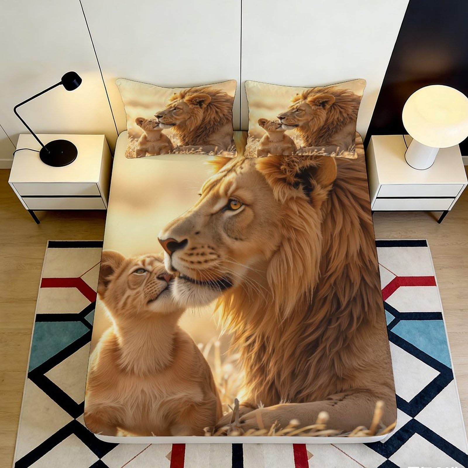 3D Printed Lion and Cub Fitted Sheet Microfiber Soft Breathable Lion Family Bed Cover for Bedroom Dormitory Guest Room Mattress Protection Decor 180x200x25cm