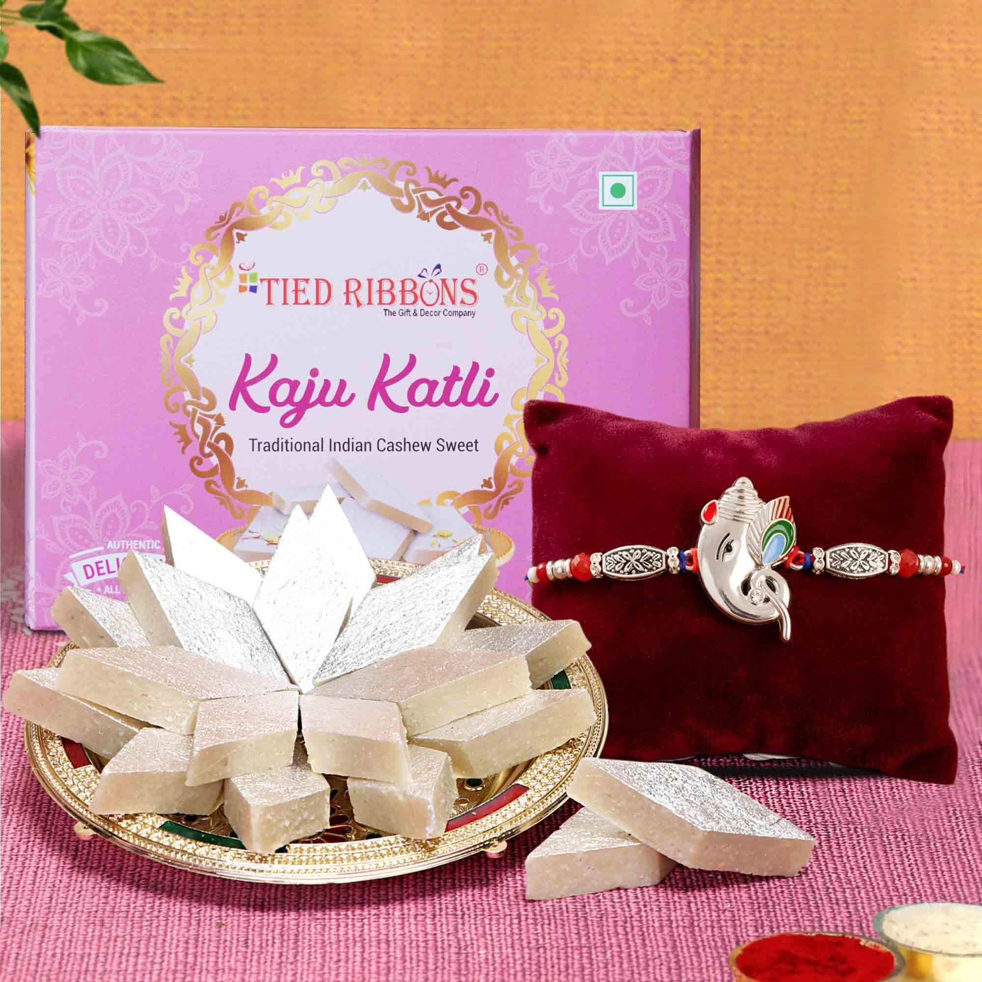 TIED RIBBONS Rakhi for Brother with Sweets Gift - Handmade Ganesha Rakhi for Bhaiya Kids Boys Men with Kaju Katli and Rakshabandhan Card Combo-image-6