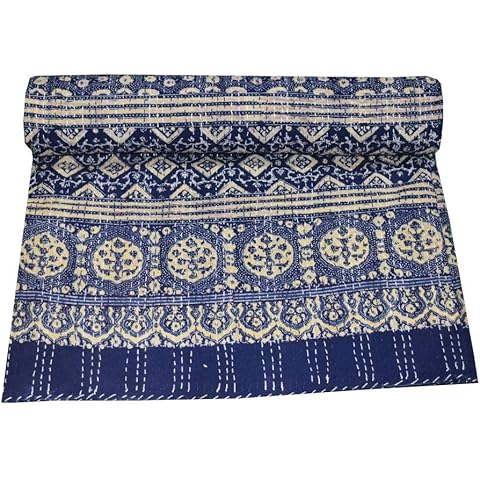Sophia Art Queen Size Hand Block Print Kantha Quilt 90x108 Inch Ajrakh Bedspread Vegetable Dye Blanket Indigo Print Ajrakh Quilt (Blue White 3)