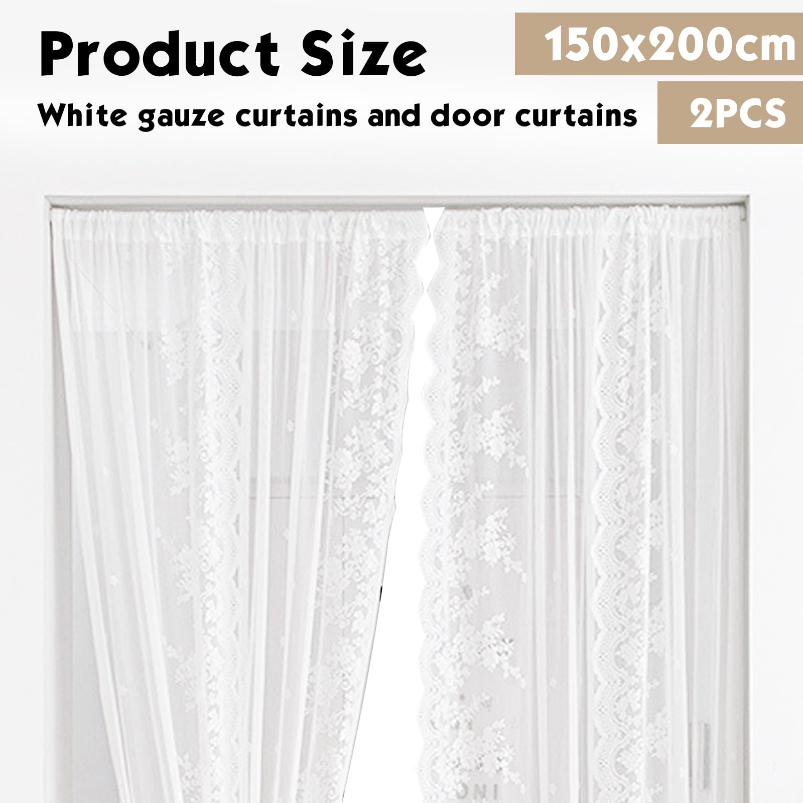 Set di 2 tende in pizzo bianco, ricamate con fiori, in voile, 150 x 200 cm, vintage, in voile ricamato, trasparenti, per camera da letto, soggiorno, terrazza, matrimonio