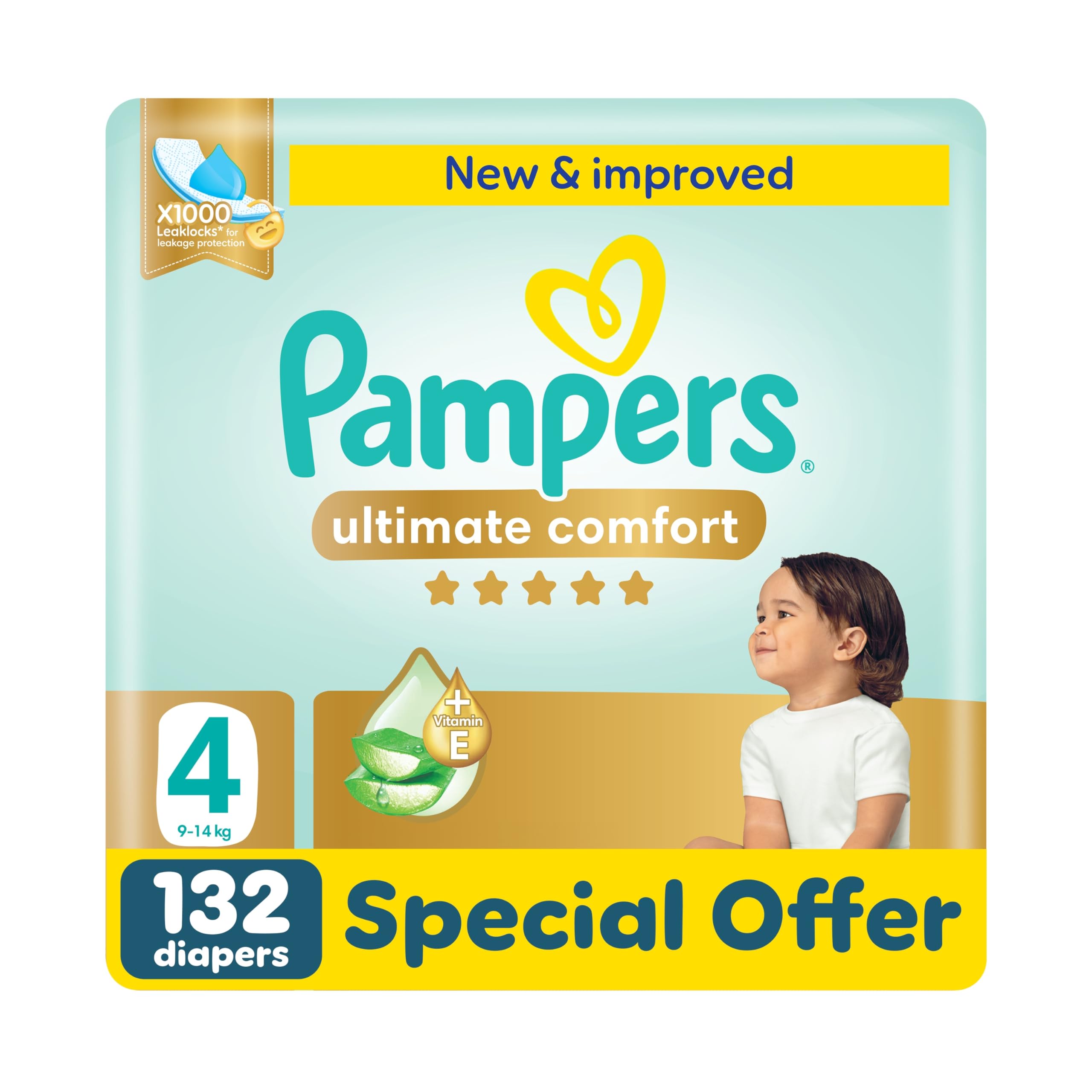 Ultimate Comfort Taped Diapers, Size 4, 9-14kg, Lotion infused with Aloe Vera and Vitamin E, x1000 Leak Locks Technology for Leakage Protection, Giant Pack, 132 Count