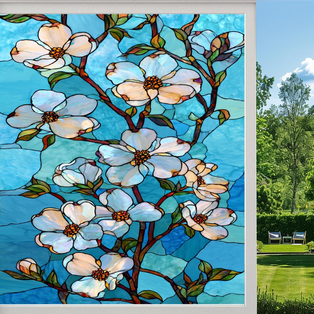 Pmlbaous Flower Plants Stained Glass Window Film, Colorful Natural Garden Peel And Stick Privacy Film, Frosted Adhesive Vinyl Decorative For Bathroom Windows Glass Doors, （80X120cm）