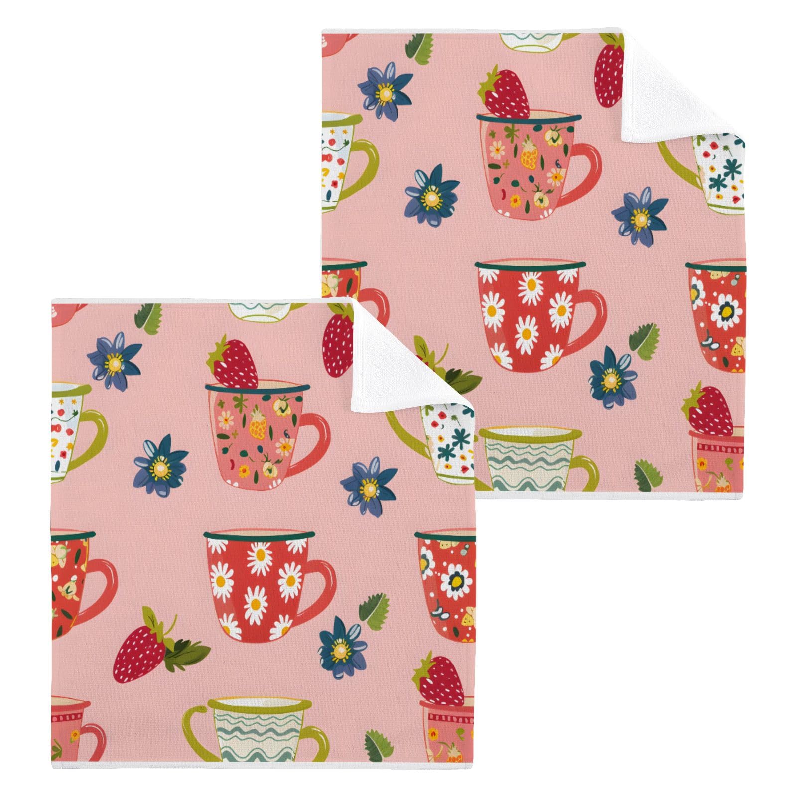 ALAZA Wash Cloth Set 100% Cotton Fingertip Towels Face Cloths Sets Cute Cups Highly Absorbent Soft Feel Set of 2