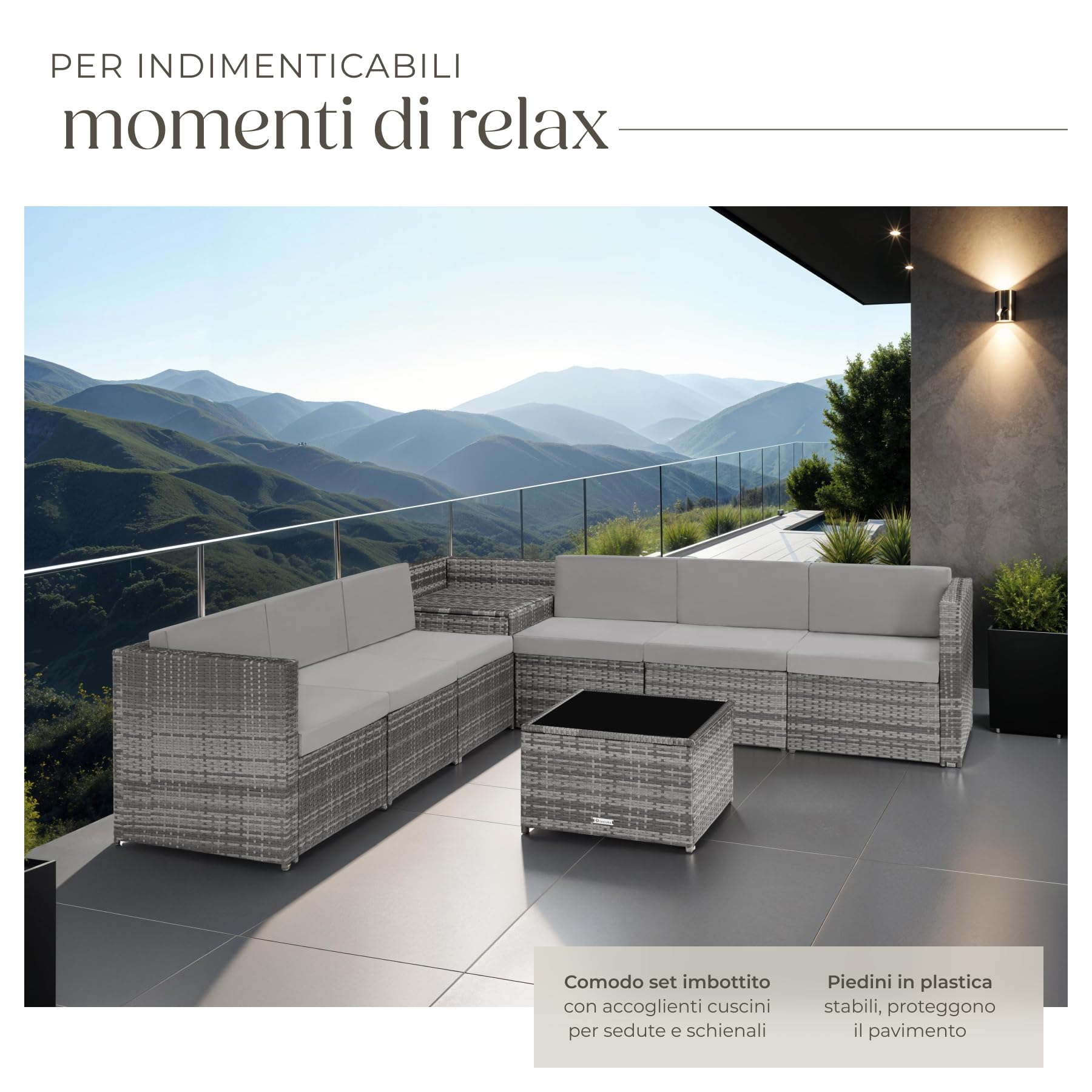 Salottino in Rattan Tectake Set da Conversazioni con Tavolo in Vetro e Box Contenitore Grigio