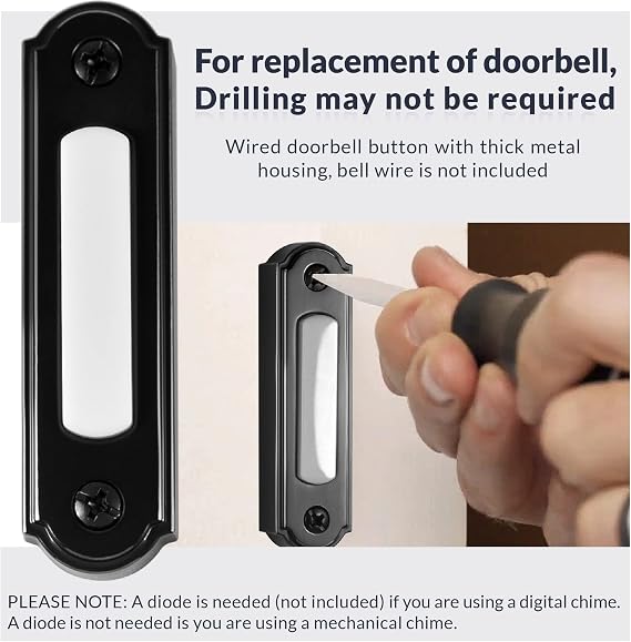Newhouse Hardware LED Lighted Metal Door Chime Push Button (Black) | Surface Mount Lighted Door Bell Button | Replacement Wired Doorbell Button for Most Door Bell Chimes