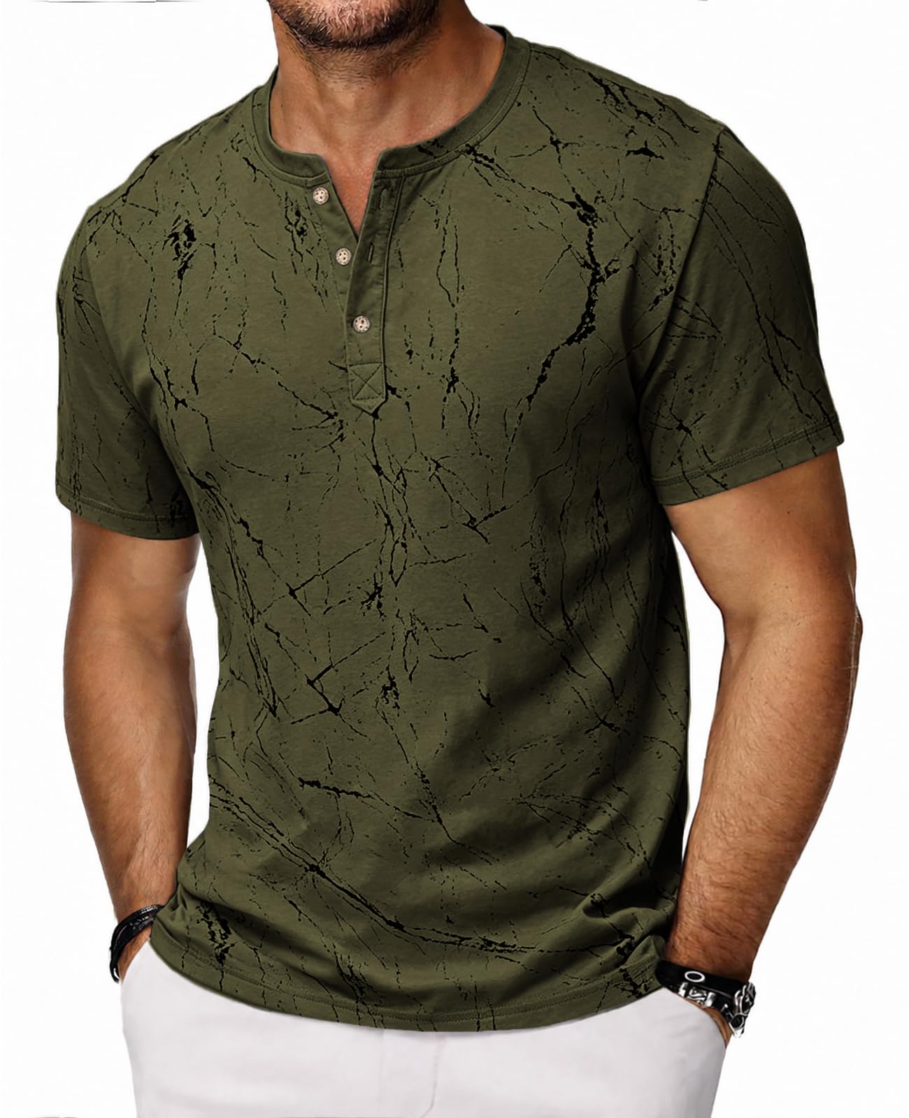 HMIYA Hemd Herren 100% Baumwolle Vintage Henley Shirt Kurzarm T-Shirts für Herren Sommerhemd Beiläufig Männer
