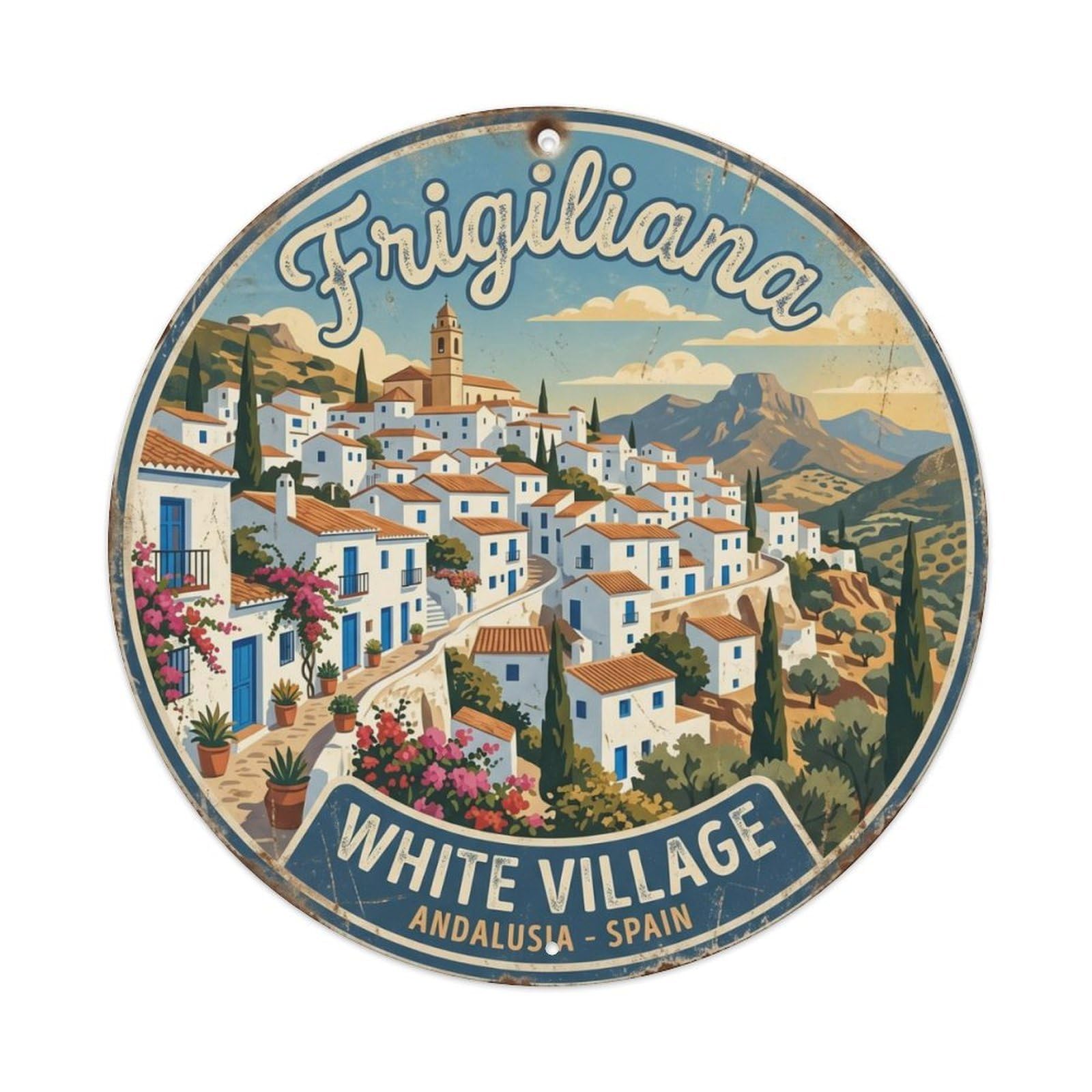 Vintage Travel Whitewashed Spain Village Metal Tin Sign Plaque Wall Decor for Cafe, Club Bar, Office, Home Garden Round Metal Poster 8x8Inch