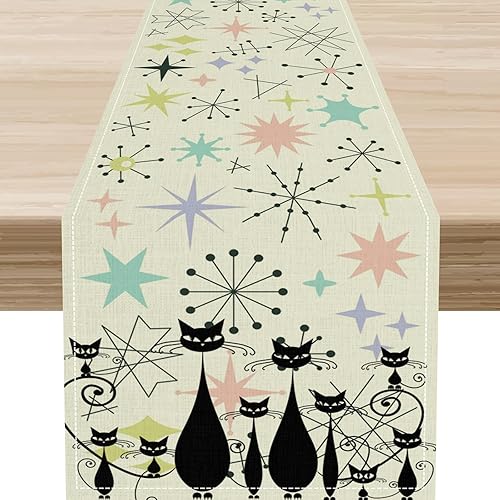 Camino de mesa de mediados de siglo, camino de mesa con patrón atómico retro de gato negro con decoración de colores pastel para cocina familiar y