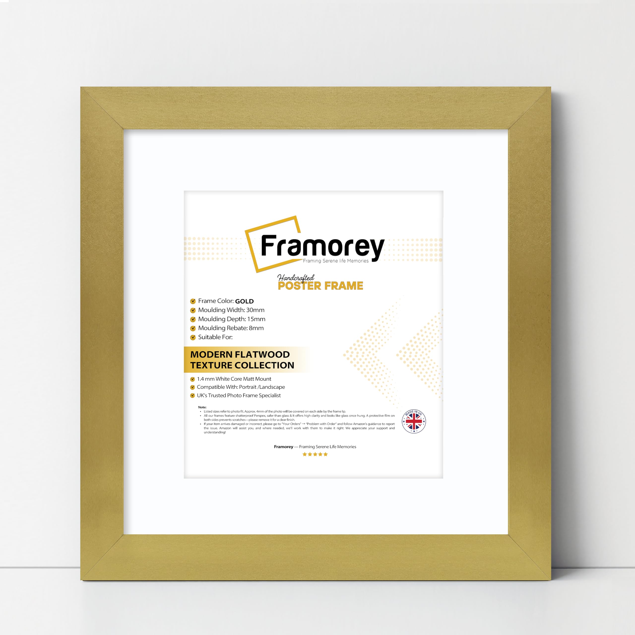 FRAMOREY Square Oxford Flat Wooden Effect Picture Frame, 27x27" Size Gold Photo Frame With 23x23" Size White Mount, Photo Print Frame, Best Photo Frames For Birthday Gift