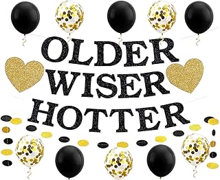 OLDER WISER HOTTER Banner Funny Birthday Party Decoration Supplies Glitter Hanging Garland Kit 10pcs Balloons Bunting 30th 40th 50h 60th 70th 80th Birthday Party Photobooth Backdrop Adult Black Gold
