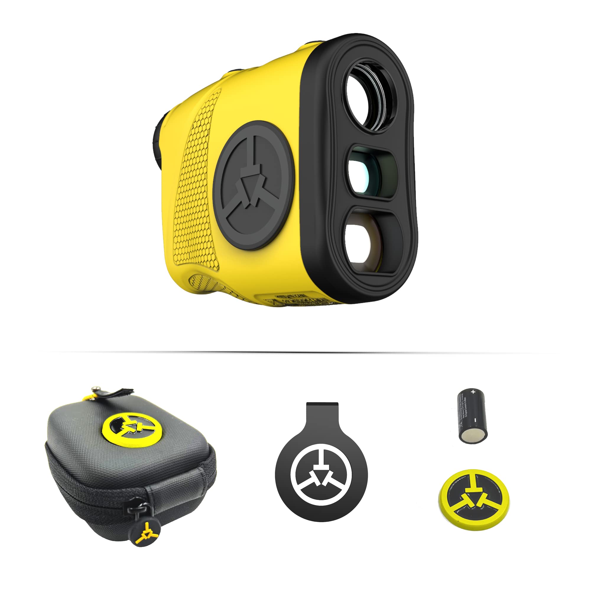 TecTecTec KLYR Telémetro de golf con pendiente, clip para cinturón, soporte magnético. Telémetro láser con última óptica, funda de gama alta, marcador de pelota de golf con imán (amarillo)
