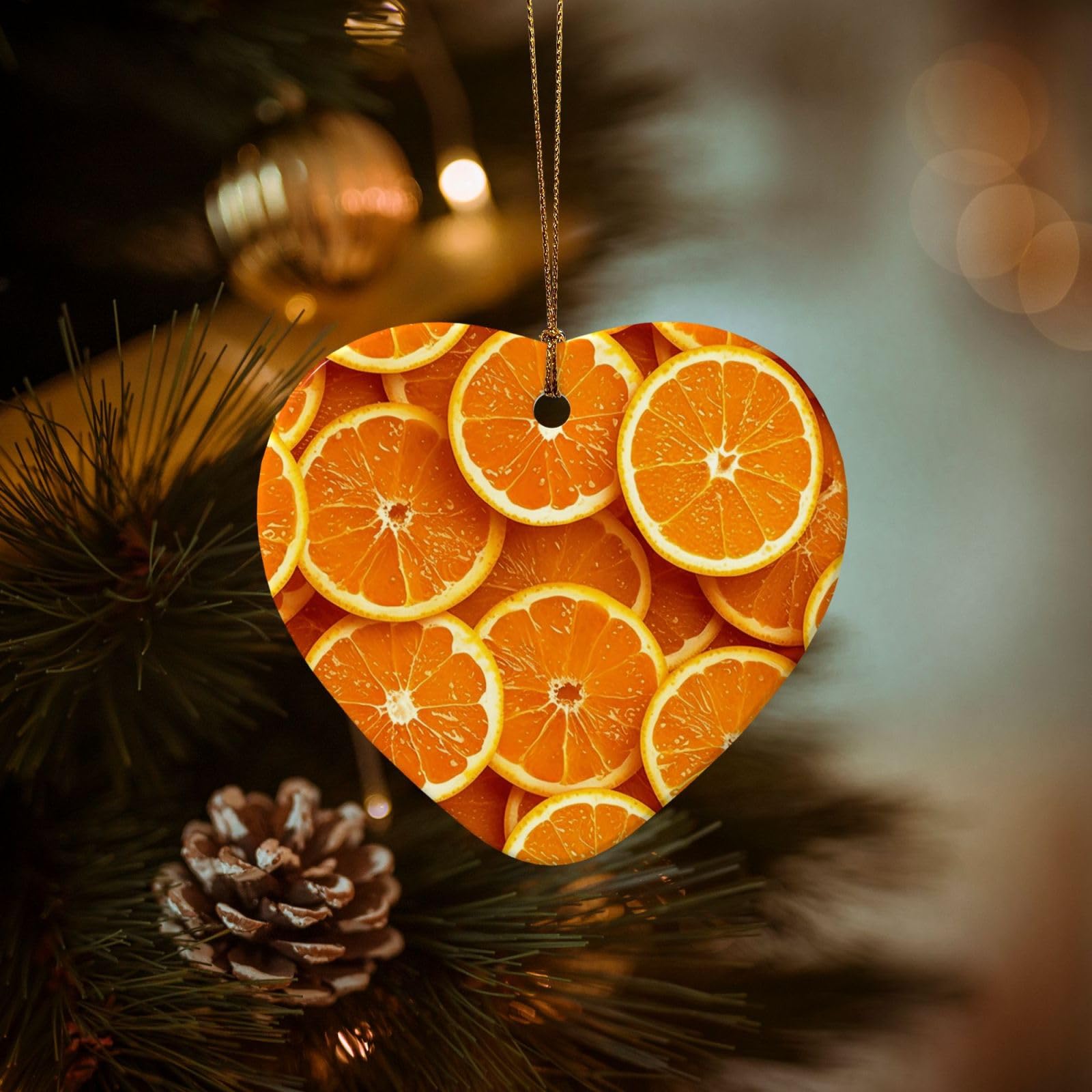 Christmas Tree Ornaments Ceramics Christmas Decorations Orange Slices Ornaments with Gold Ribbon Porcelain Xmas Tree Crafts Heart Shape Hanging Pendant for Christmas Tree Party Decor