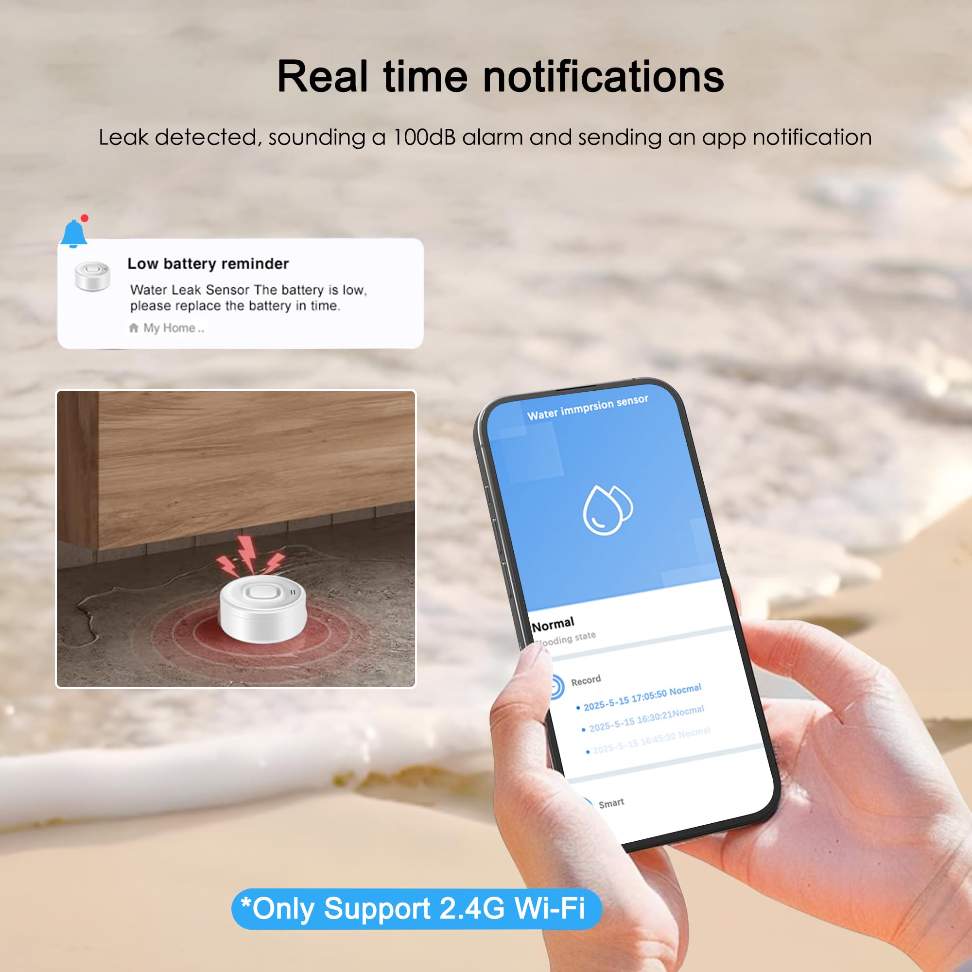 Détecteur de fuite d'eau Wi-Fi : alarme intelligente pour la maison avec notification d'application, 1 station de base 2,4 GHz + 3 capteurs d'eau, alarme d'eau 100 dB pour cave, cuisine, salle de bain