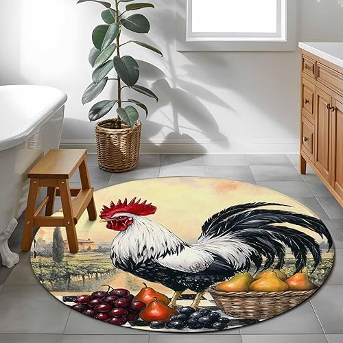 Miniatura 4 de 3ft Round Rug, Rooster Non-Skid Rubber Backing Large Area Rugs - Living Room Bedroom Home Office, Retro Pastoral Animals Watercolor Indoor Floor