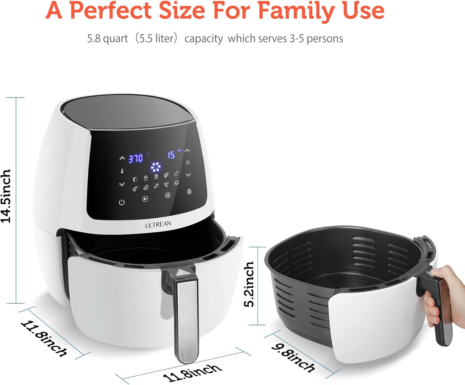 ULTREAN Air Fryer dimensions: 14.5 inches height, 11.8 inches width, 11.8 inches depth, with basket dimensions of 5.2 inches height and 9.8 inches diameter