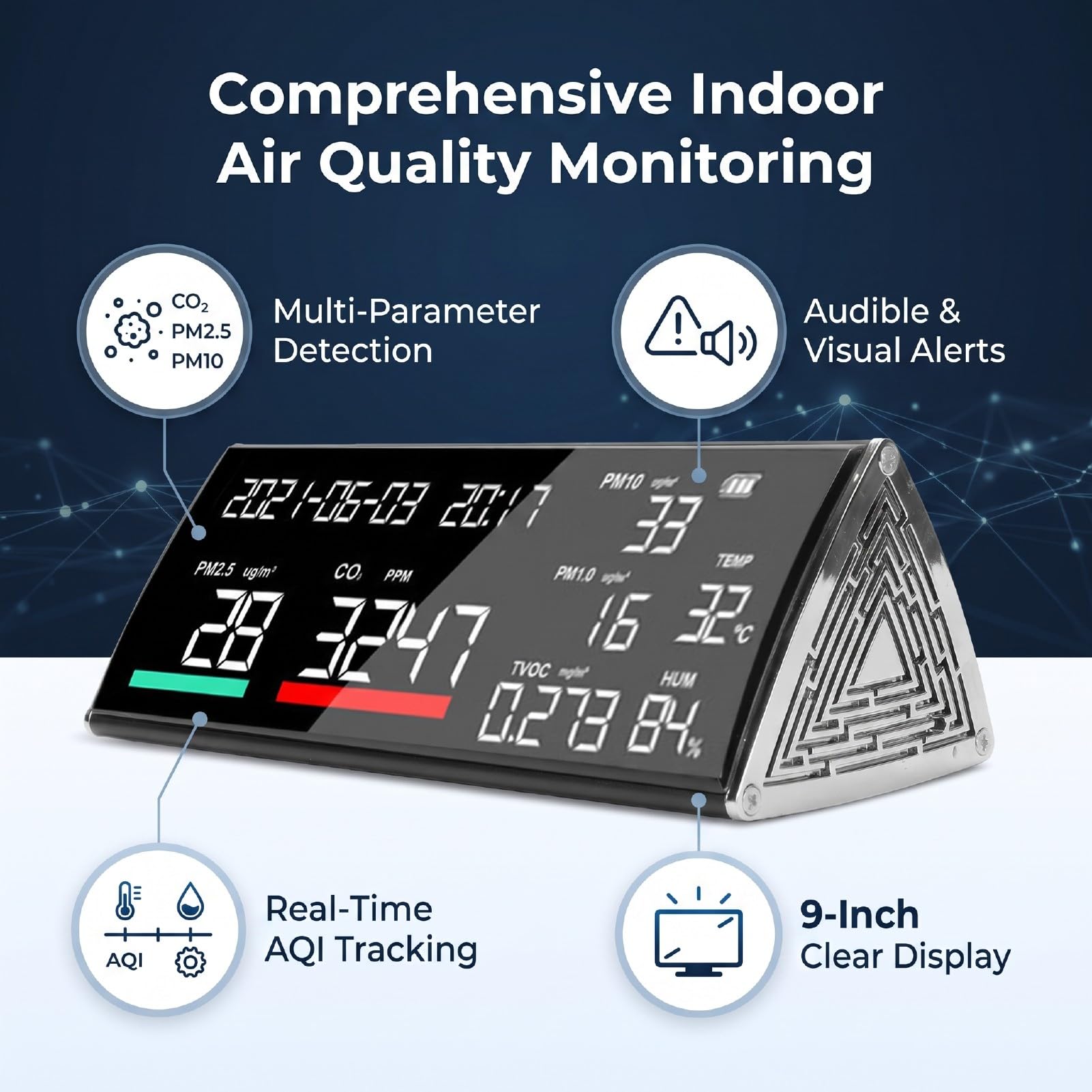 Misuratore della qualità Dell'aria, Rilevatore di umidità della Temperatura CO2 PM2.5 TVOC | Corpo in ABS, LCD da 9 pollici, data e ora, batteria da 5000 mAh, allarme sonoro e visivo, impostazione soglia, per hotel